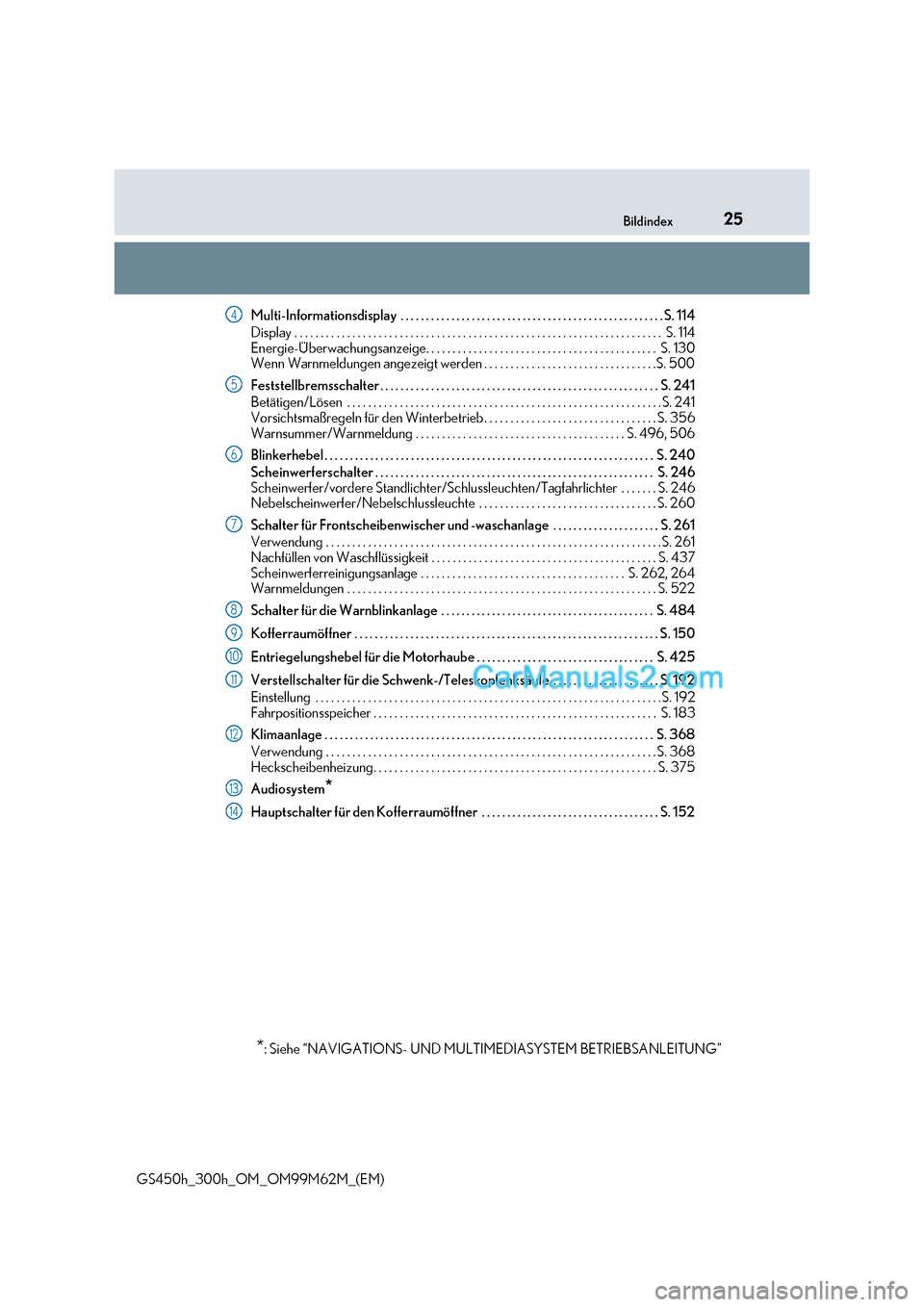 Lexus GS300h 2017  Betriebsanleitung (in German) 25
Bildindex
GS450h_300h_OM_OM99M62M_(EM) Multi-Informationsdisplay  . . . . . . . . . . . . . . . . . . . . . . . . . . . . . . . . . . . . . . . . . . . . . . . . . . .
 .S. 114
Display . . . . . . 