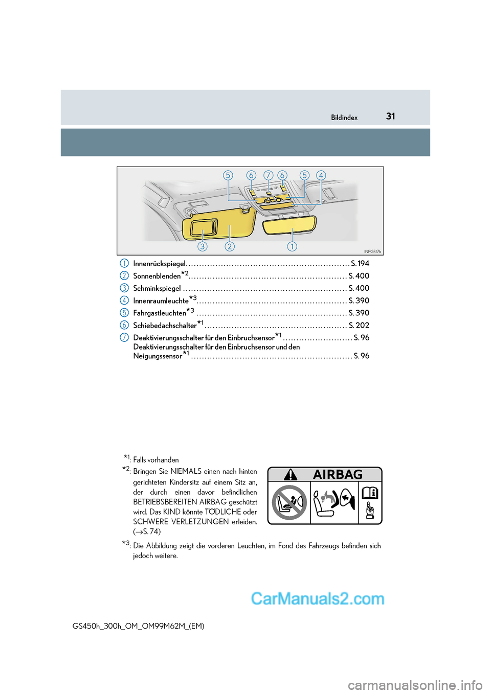 Lexus GS300h 2017  Betriebsanleitung (in German) 31
Bildindex
GS450h_300h_OM_OM99M62M_(EM) Innenrückspiegel. . . . . . . . . . . . . . . . . . . . . . . . . . . . . . . . . . . . . . . . . . . . . . . . . . . . . . . .
 . . . . . S. 194
Sonnenblend