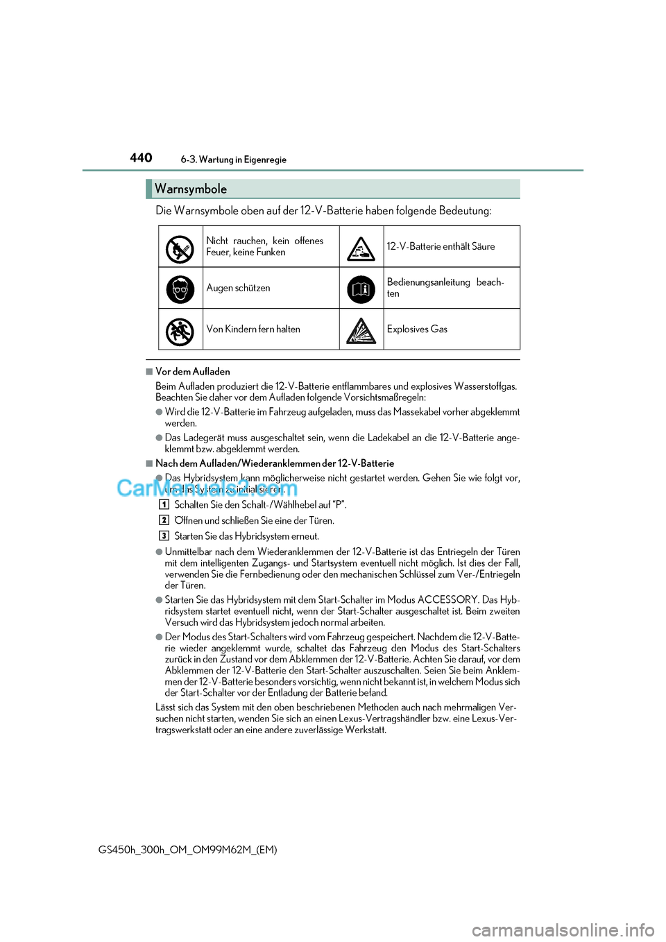 Lexus GS300h 2017  Betriebsanleitung (in German) 4406-3. Wartung in Eigenregie
GS450h_300h_OM_OM99M62M_(EM) Die Warnsymbole oben auf der 12-V-Batterie haben folgende Bedeutung:
■Vor dem Aufladen 
Beim Aufladen produziert die 12-V-Batterie en
tflam
