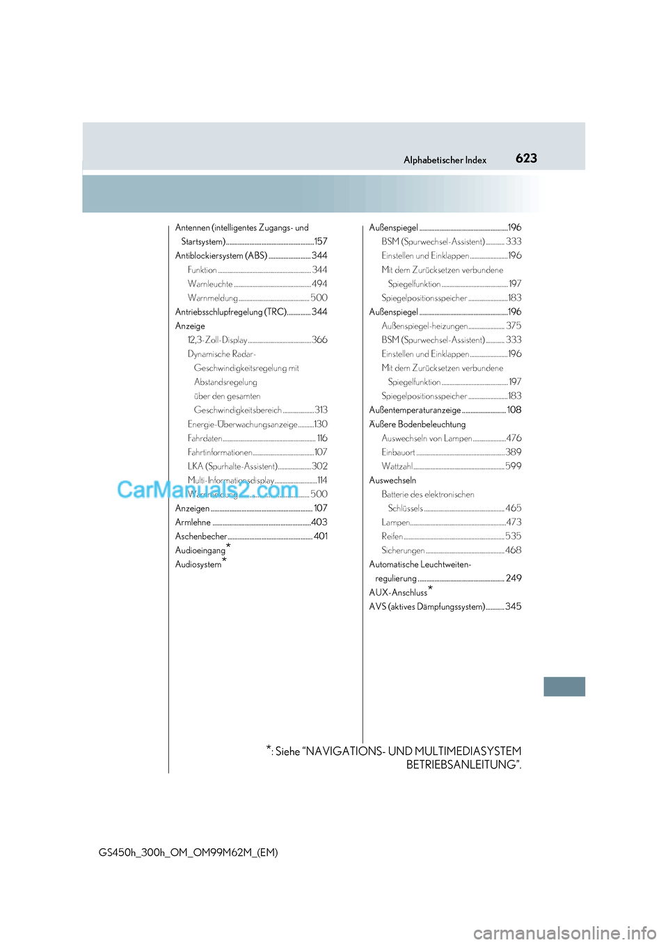 Lexus GS300h 2017  Betriebsanleitung (in German) 623
Alphabetischer Index
GS450h_300h_OM_OM99M62M_(EM) Antennen (intelligentes Zugangs- und 
Startsystem)....................................................157
Antiblockiersystem (ABS) ...............