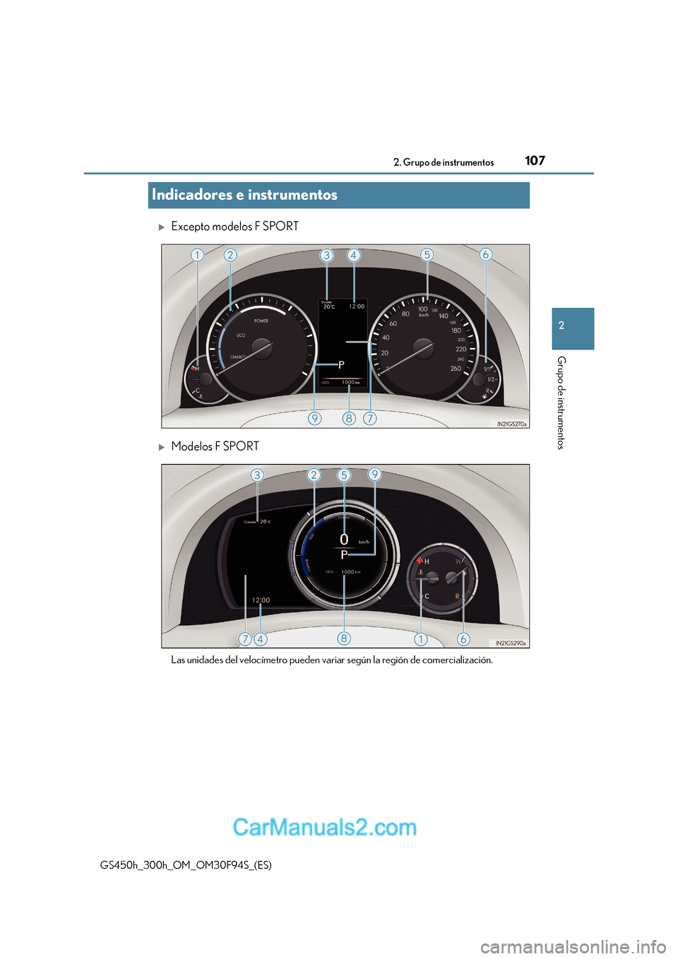 Lexus GS300h 2017 Manual del propietario (in Spanish) 107
2
2. Grupo de instrumentos
Grupo de instrumentos
GS450h_300h_OM_OM30F94S_(ES)
Indicadores e instrumentos
Excepto modelos F SPORT
Modelos F SPORT
Las unidades del velocímetro pueden variar Lexus GS300h 2017 Manual del propietario (in Spanish) 107
2
2. Grupo de instrumentos
Grupo de instrumentos
GS450h_300h_OM_OM30F94S_(ES)
Indicadores e instrumentos
Excepto modelos F SPORT
Modelos F SPORT
Las unidades del velocímetro pueden variar