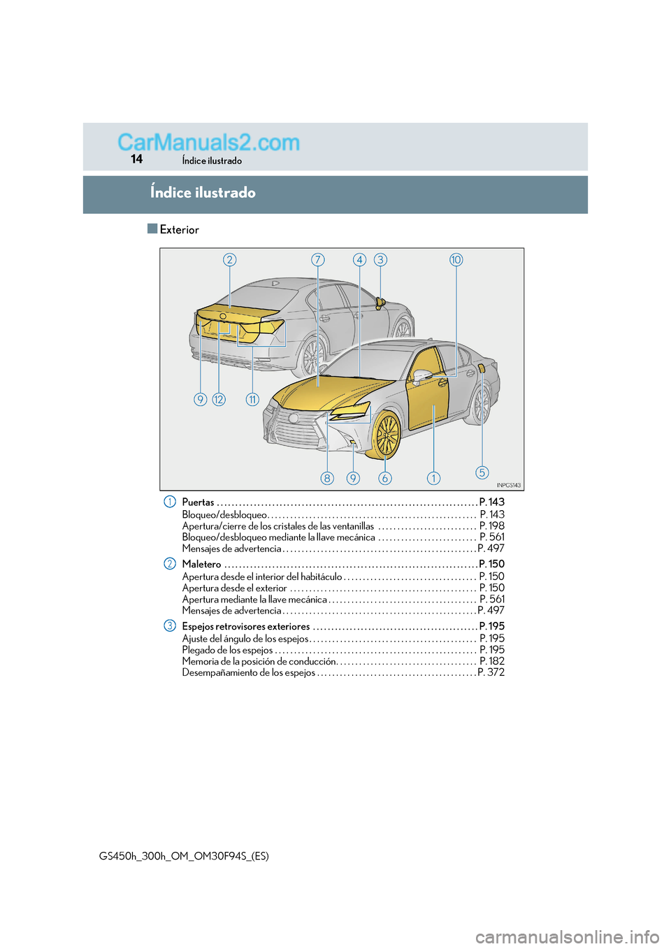 Lexus GS300h 2017  Manual del propietario (in Spanish) 14Índice ilustrado
GS450h_300h_OM_OM30F94S_(ES)
Índice ilustrado
■Exterior Puertas  . . . . . . . . . . . . . . . . . . . . . . . . . . . . . . . . . . . . . . . . . . . . . . . . . . . . . . . . 