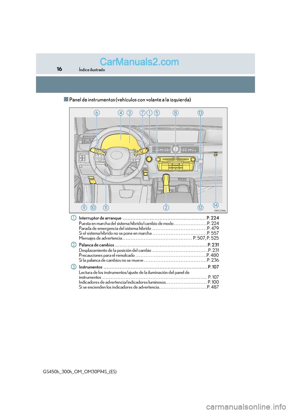 Lexus GS300h 2017  Manual del propietario (in Spanish) 16Índice ilustrado
GS450h_300h_OM_OM30F94S_(ES)
■Panel de instrumentos (vehícul os con volante a la izquierda)
Interruptor de arranque  . . . . . . . . . . . . . . . . . . . . . . . . . . . . . . 
