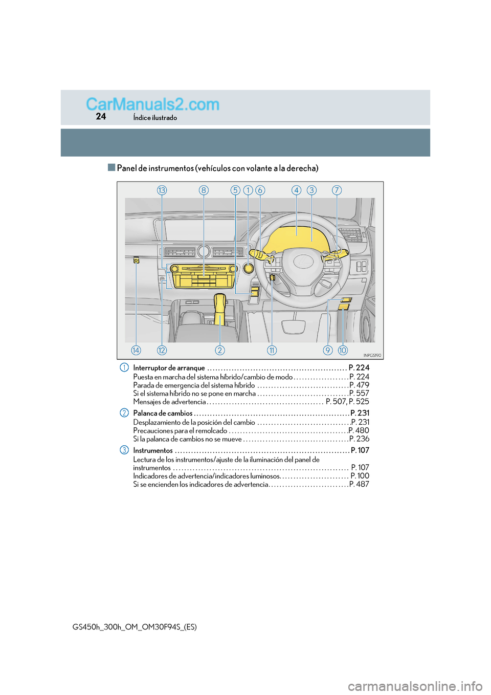 Lexus GS300h 2017  Manual del propietario (in Spanish) 24Índice ilustrado
GS450h_300h_OM_OM30F94S_(ES)
■Panel de instrumentos (vehículos con volante a la derecha) Interruptor de arranque  . . . . . . . . . . . . . . . . . . . . . . . . . . . . . . . .