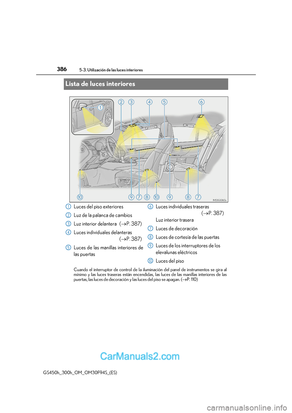 Lexus GS300h 2017 Manual del propietario (in Spanish) 3865-3. Utilización de las luces interiores
GS450h_300h_OM_OM30F94S_(ES)
Lista de luces interiores
Cuando el interruptor de control de la iluminación del panel de instrumentos se gira al
mínimo y Lexus GS300h 2017 Manual del propietario (in Spanish) 3865-3. Utilización de las luces interiores
GS450h_300h_OM_OM30F94S_(ES)
Lista de luces interiores
Cuando el interruptor de control de la iluminación del panel de instrumentos se gira al
mínimo y