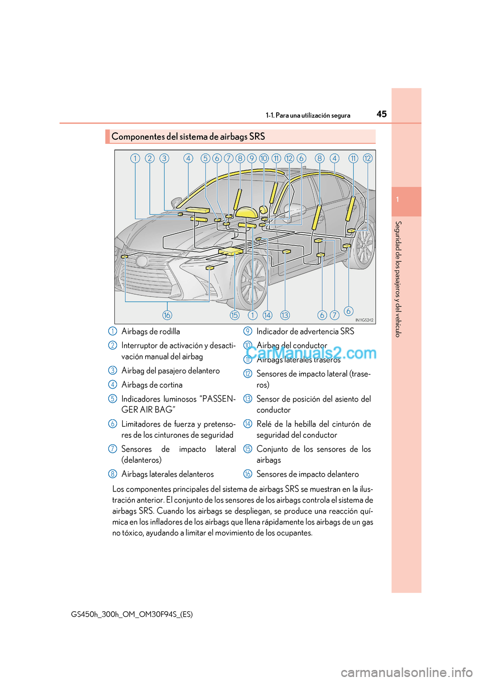 Lexus GS300h 2017 Manual del propietario (in Spanish) 45
1-1. Para una utilización segura
1
Seguridad de los pasajeros y del vehículo
GS450h_300h_OM_OM30F94S_(ES) Los componentes principales del sistema de airbags SRS se muestran en la ilus-
tración Lexus GS300h 2017 Manual del propietario (in Spanish) 45
1-1. Para una utilización segura
1
Seguridad de los pasajeros y del vehículo
GS450h_300h_OM_OM30F94S_(ES) Los componentes principales del sistema de airbags SRS se muestran en la ilus-
tración