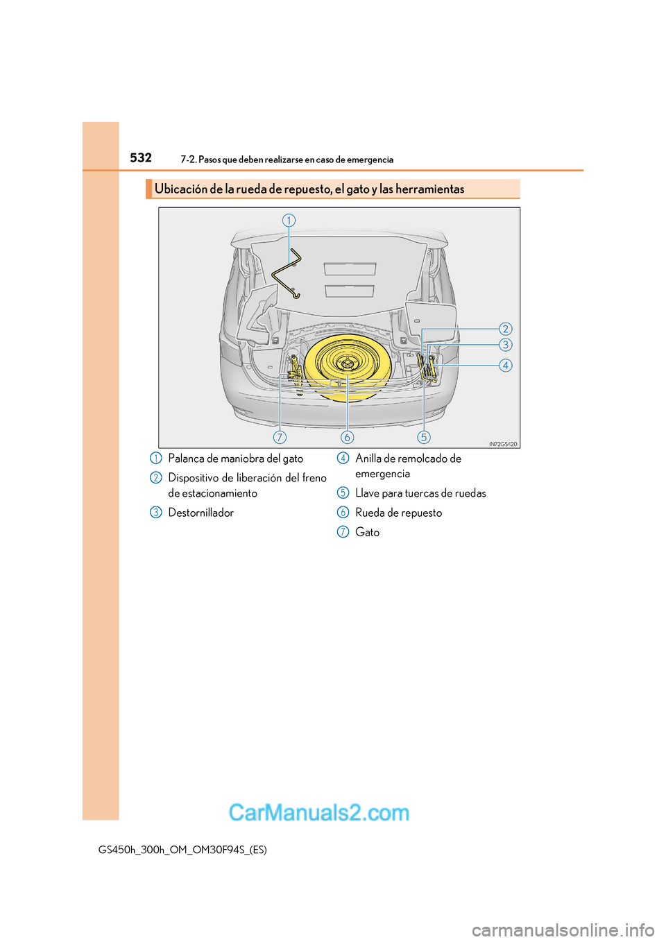 Lexus GS300h 2017 Manual del propietario (in Spanish) 5327-2. Pasos que deben realizarse en caso de emergencia
GS450h_300h_OM_OM30F94S_(ES)
Ubicación de la rueda de repuesto, el gato y las herramientas
Palanca de maniobra del gato
Dispositivo de libera Lexus GS300h 2017 Manual del propietario (in Spanish) 5327-2. Pasos que deben realizarse en caso de emergencia
GS450h_300h_OM_OM30F94S_(ES)
Ubicación de la rueda de repuesto, el gato y las herramientas
Palanca de maniobra del gato
Dispositivo de libera