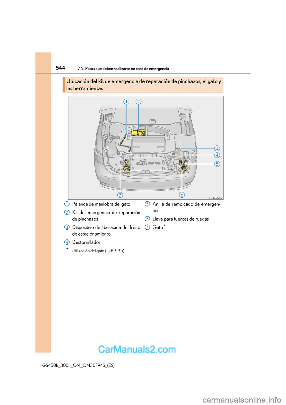 Lexus GS300h 2017  Manual del propietario (in Spanish) 5447-2. Pasos que deben realizarse en caso de emergencia
GS450h_300h_OM_OM30F94S_(ES) *
:  Utilización del gato ( P. 535)
Ubicación del kit de emergencia de reparación de pinchazos, el gato y 
l