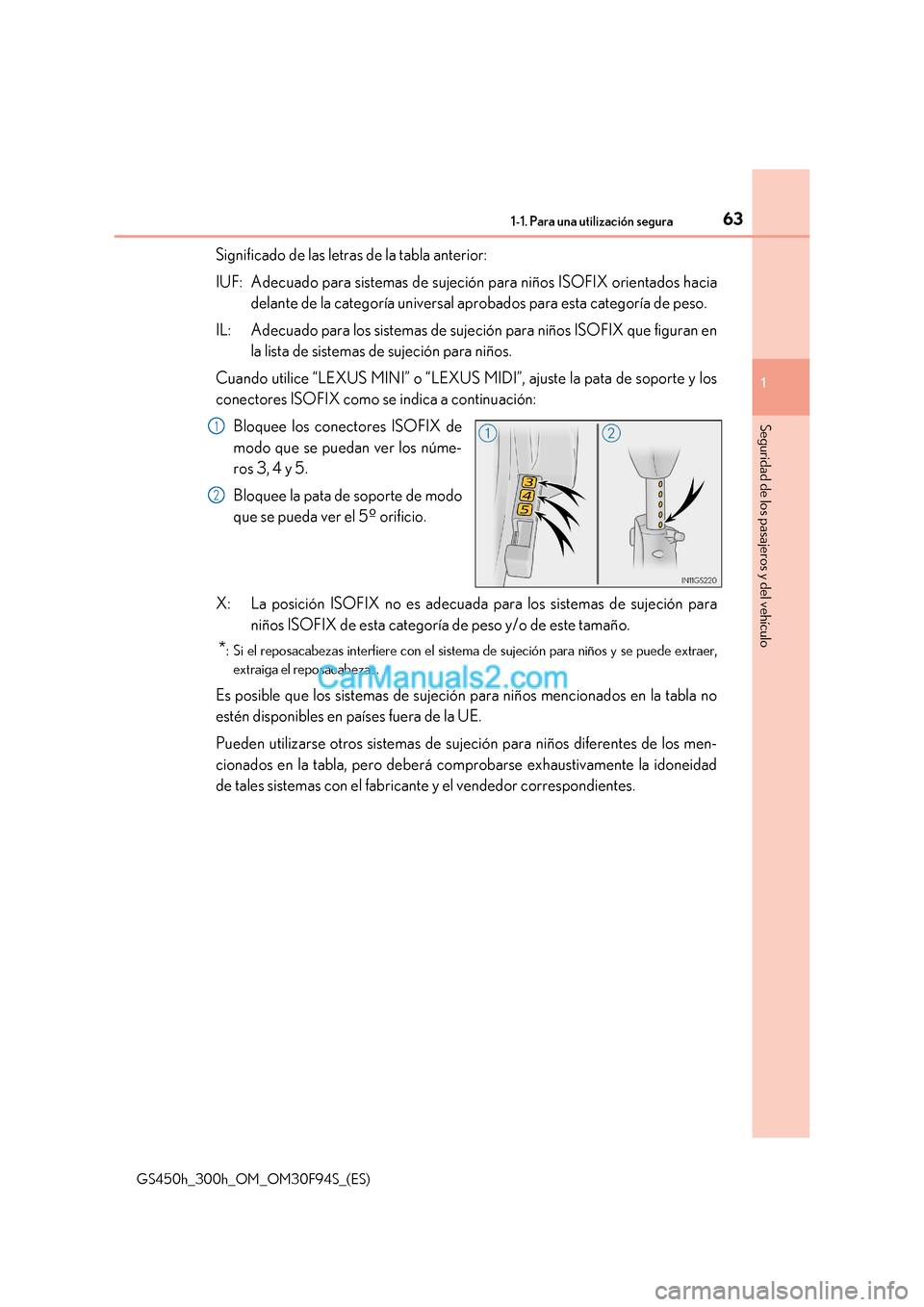 Lexus GS300h 2017  Manual del propietario (in Spanish) 63
1-1. Para una utilización segura
1
Seguridad de los pasajeros y del vehículo
GS450h_300h_OM_OM30F94S_(ES) Significado de las letras de la tabla anterior: 
IUF: Adecuado para sistemas de sujeción