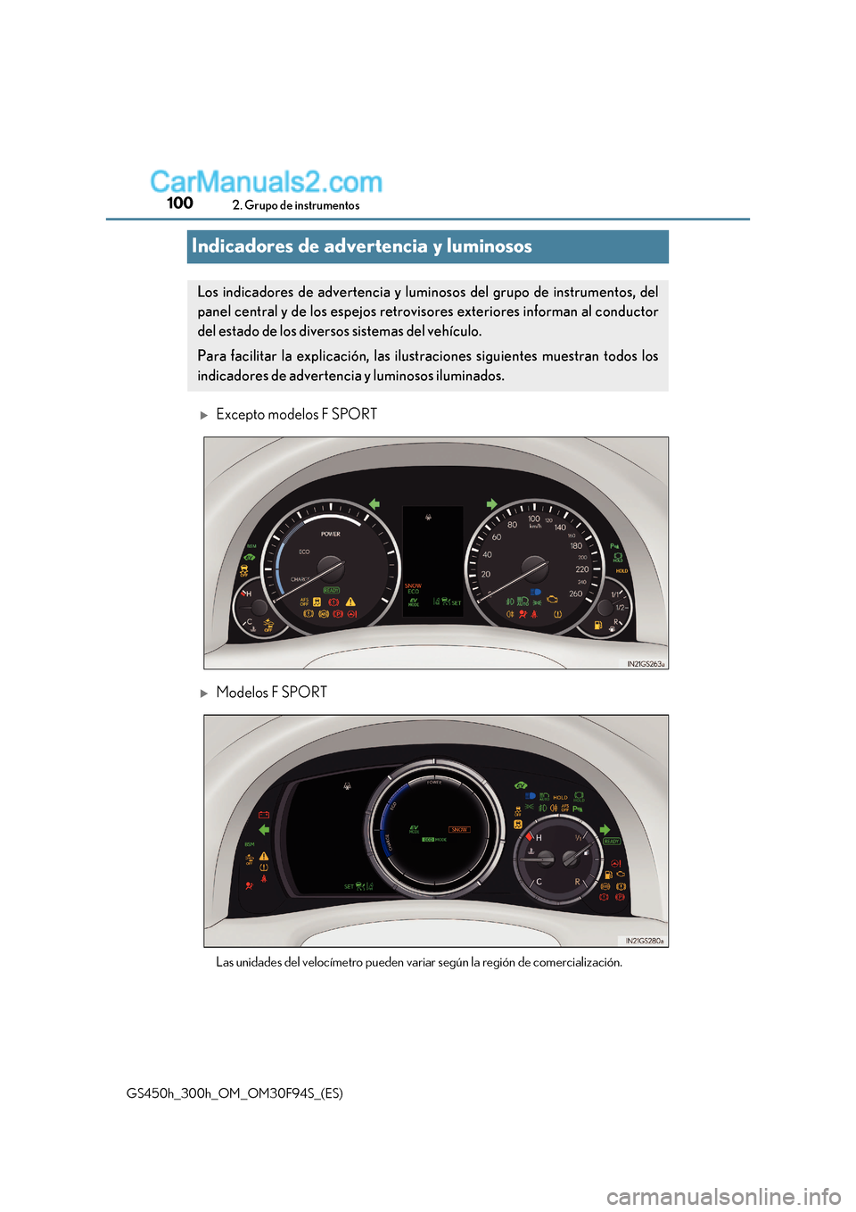 Lexus GS300h 2017  Manual del propietario (in Spanish) 1002. Grupo de instrumentos
GS450h_300h_OM_OM30F94S_(ES)
Indicadores de advertencia y luminosos
Excepto modelos F SPORT
Modelos F SPORT 
Las unidades del velocímetro pueden variar según la reg