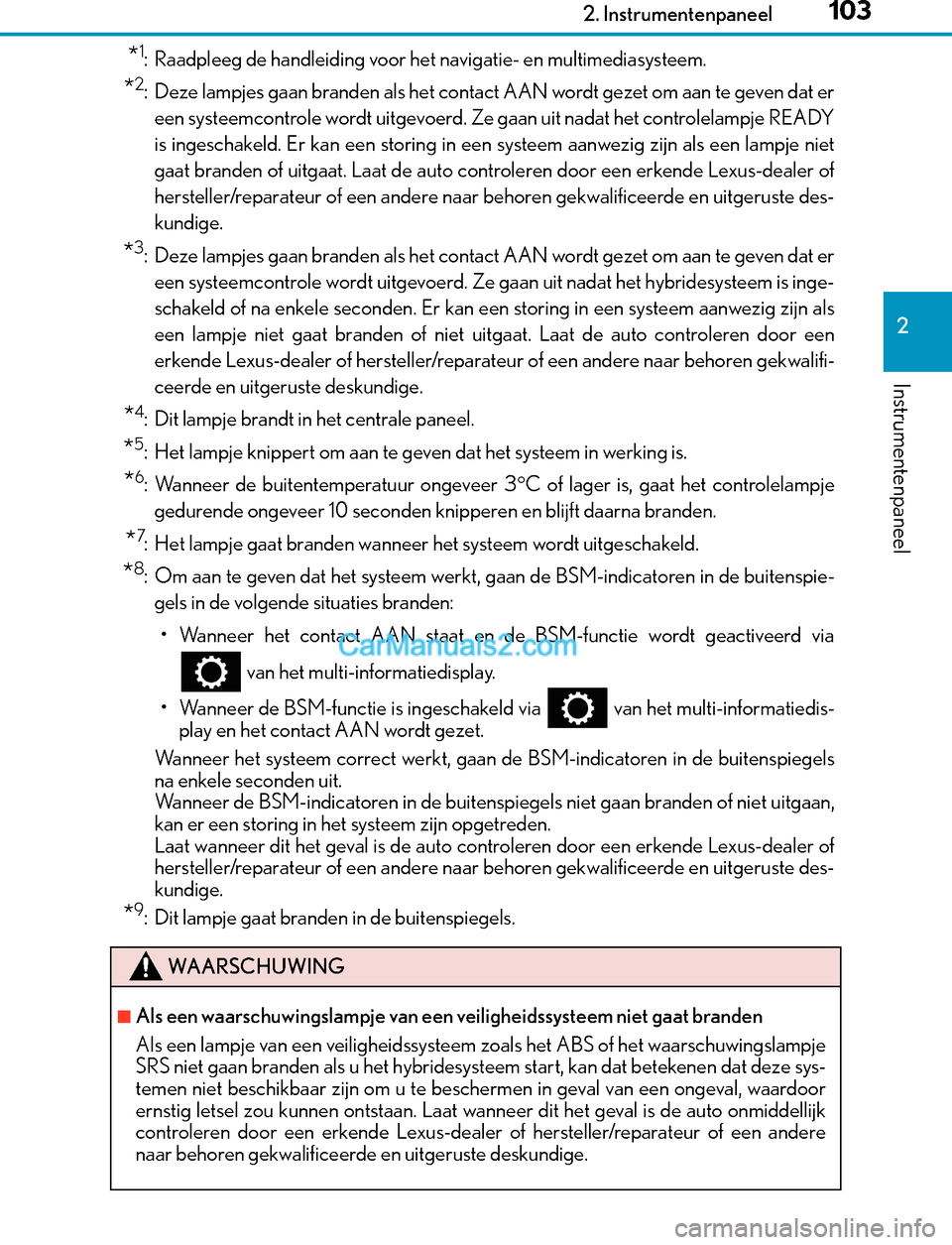 Lexus GS300h 2017 Handleiding (in Dutch) 1032. Instrumentenpaneel
2
Instrumentenpaneel
GS450h_300h_OM_OM30F92E_(EE)
*1: Raadpleeg de handleiding voor het navigatie- en multimediasysteem.
*2: Deze lampjes gaan branden als het contact AAN word Lexus GS300h 2017 Handleiding (in Dutch) 1032. Instrumentenpaneel
2
Instrumentenpaneel
GS450h_300h_OM_OM30F92E_(EE)
*1: Raadpleeg de handleiding voor het navigatie- en multimediasysteem.
*2: Deze lampjes gaan branden als het contact AAN word
