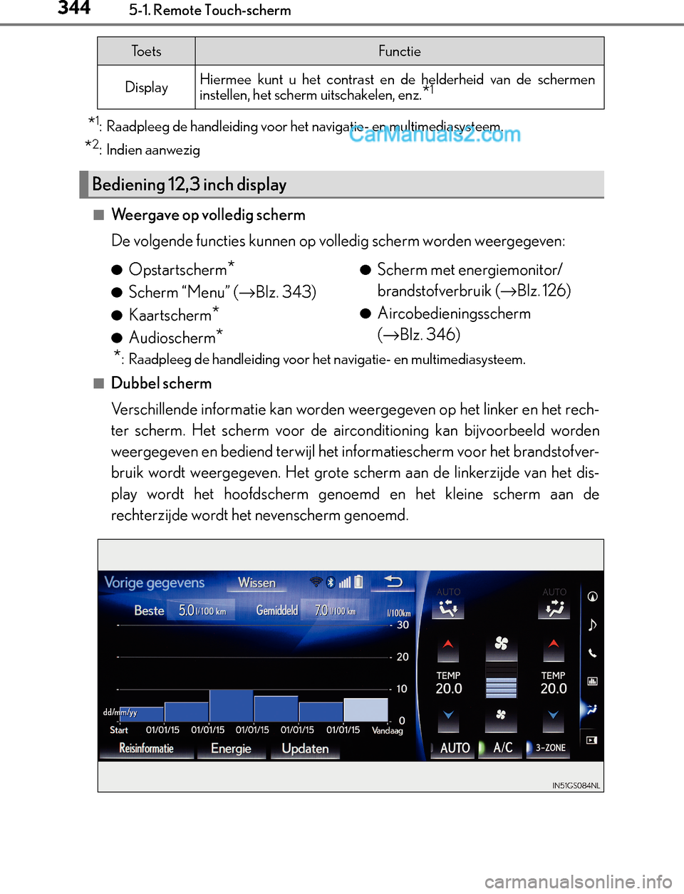 Lexus GS300h 2017 Handleiding (in Dutch) 3445-1. Remote Touch-scherm
GS450h_300h_OM_OM30F92E_(EE)
*1: Raadpleeg de handleiding voor het navigatie- en multimediasysteem.
*2: Indien aanwezig
■We e r g a v e o p v o l l e d i g s c h e r m Lexus GS300h 2017 Handleiding (in Dutch) 3445-1. Remote Touch-scherm
GS450h_300h_OM_OM30F92E_(EE)
*1: Raadpleeg de handleiding voor het navigatie- en multimediasysteem.
*2: Indien aanwezig
■We e r g a v e o p v o l l e d i g s c h e r m