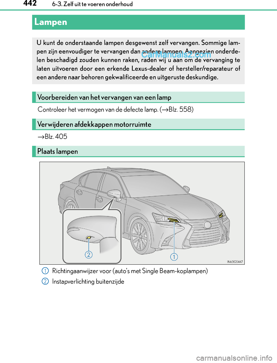Lexus GS300h 2017  Handleiding (in Dutch) 4426-3. Zelf uit te voeren onderhoud
GS450h_300h_OM_OM30F92E_(EE)
Lampen
Controleer het vermogen van de defecte lamp. (→Blz. 558)
→Blz. 405
Richtingaanwijzer voor (autos met Single Beam-koplampen