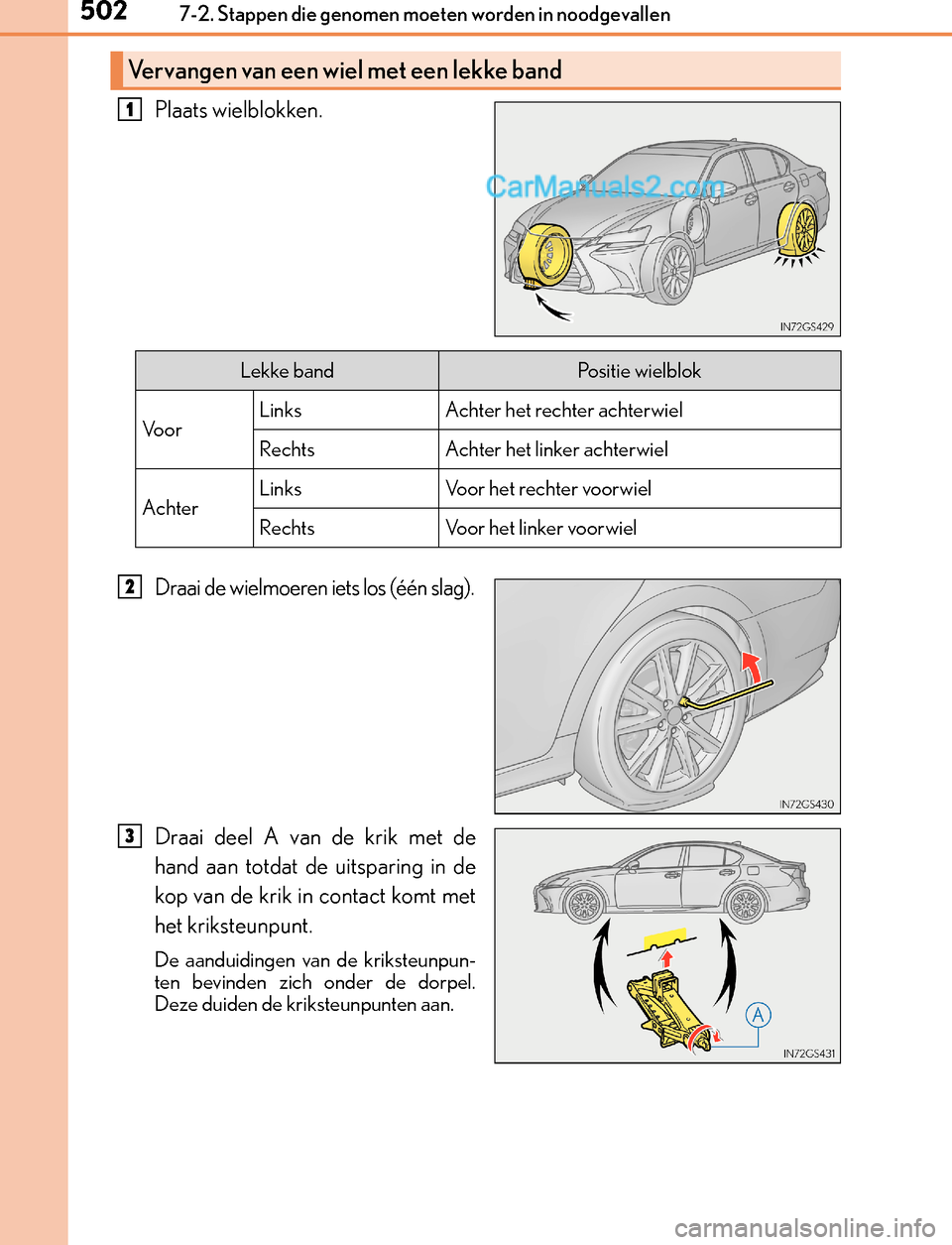 Lexus GS300h 2017 Handleiding (in Dutch) 5027-2. Stappen die genomen moeten worden in noodgevallen
GS450h_300h_OM_OM30F92E_(EE)
Plaats wielblokken.
Draai de wielmoeren iets los (één slag).
Draai deel A van de krik met de
hand aan totdat de Lexus GS300h 2017 Handleiding (in Dutch) 5027-2. Stappen die genomen moeten worden in noodgevallen
GS450h_300h_OM_OM30F92E_(EE)
Plaats wielblokken.
Draai de wielmoeren iets los (één slag).
Draai deel A van de krik met de
hand aan totdat de