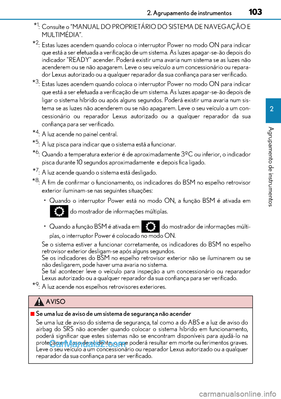 Lexus GS300h 2017  Manual do proprietário (in Portuguese) 103
103103 1032. Agrupamento de instrumentos
2
Agrupamento de instrumentos
*1: Consulte o “MANUAL DO PROPRIETÁRIO DO SISTEMA DE NAVEGAÇÃO E
MULTIMÉDIA”.
*2: Estas luzes acendem quando coloca o