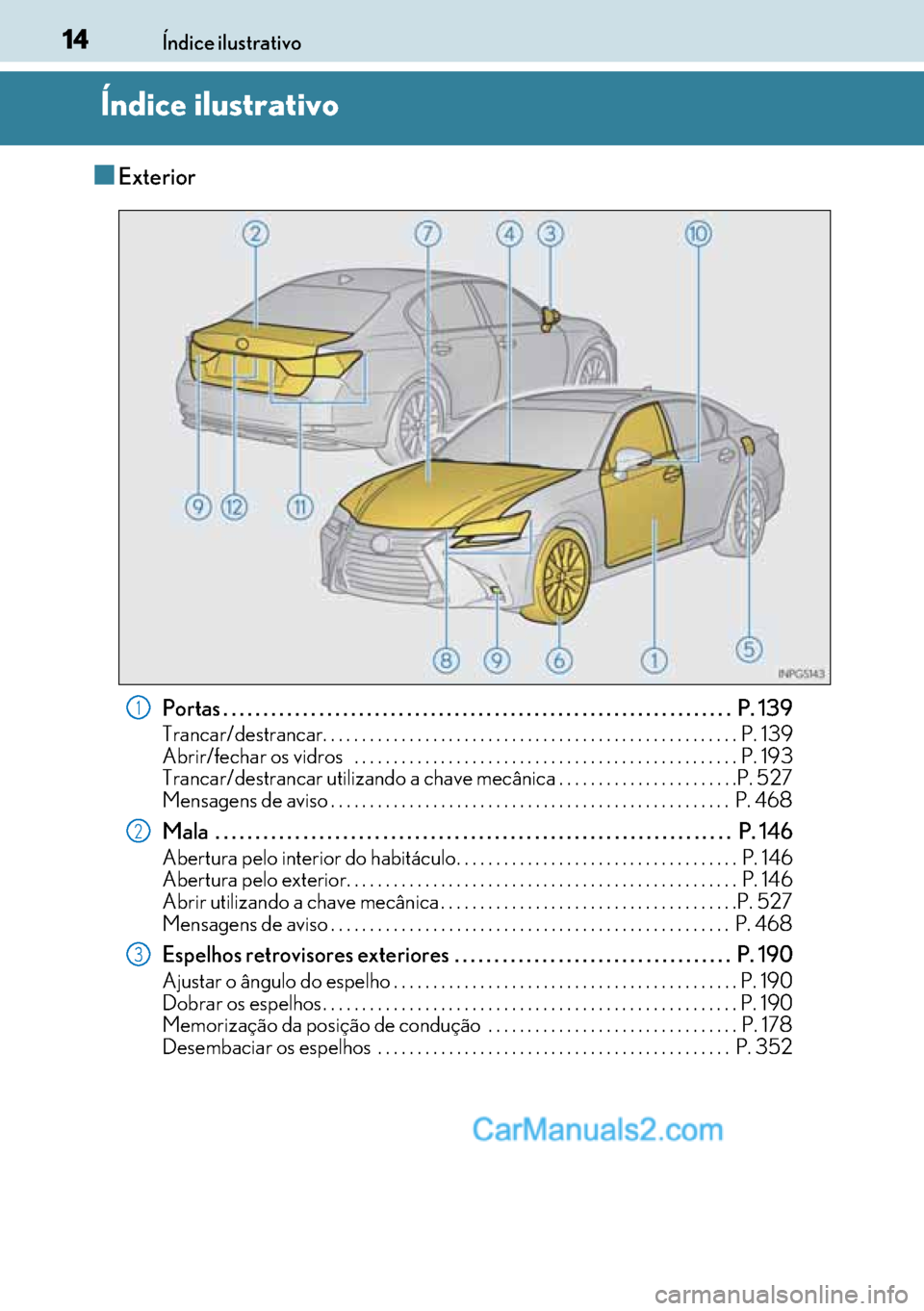 Lexus GS300h 2017 Manual do proprietário (in Portuguese) 14
1414 14Índice ilustrativo
Índice ilustrativo
■Exterior
Portas . . . . . . . . . . . . . . . . . . . . . . . . . . . . . . . . . . . . . . . . . . . . . . . . . . . . . . . . . . . . . . . . P. Lexus GS300h 2017 Manual do proprietário (in Portuguese) 14
1414 14Índice ilustrativo
Índice ilustrativo
■Exterior
Portas . . . . . . . . . . . . . . . . . . . . . . . . . . . . . . . . . . . . . . . . . . . . . . . . . . . . . . . . . . . . . . . . P.