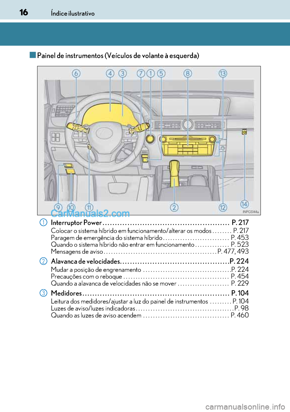 Lexus GS300h 2017  Manual do proprietário (in Portuguese) 16
1616 16Índice ilustrativo
■Painel de instrumentos (Veículos de volante à esquerda)
Interruptor Power . . . . . . . . . . . . . . . . . . . . . . . . . . . . . . . . . . . . . . . . . . . . . .