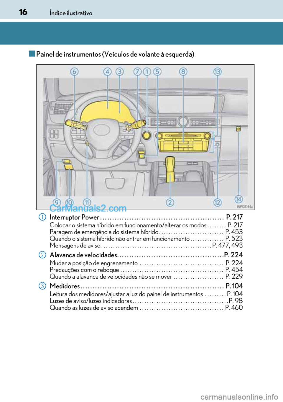 Lexus GS300h 2017 Manual do proprietário (in Portuguese) 16
1616 16Índice ilustrativo
■Painel de instrumentos (Veículos de volante à esquerda)
Interruptor Power . . . . . . . . . . . . . . . . . . . . . . . . . . . . . . . . . . . . . . . . . . . . . . Lexus GS300h 2017 Manual do proprietário (in Portuguese) 16
1616 16Índice ilustrativo
■Painel de instrumentos (Veículos de volante à esquerda)
Interruptor Power . . . . . . . . . . . . . . . . . . . . . . . . . . . . . . . . . . . . . . . . . . . . . .