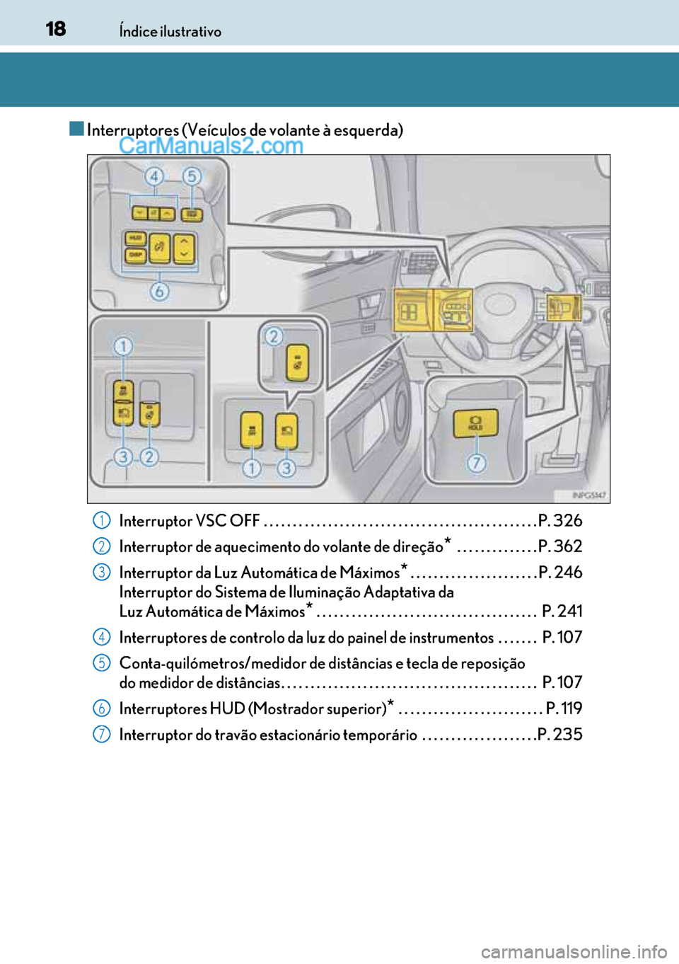 Lexus GS300h 2017  Manual do proprietário (in Portuguese) 18
1818 18Índice ilustrativo
■Interruptores (Veículos de volante à esquerda)
Interruptor VSC OFF . . . . . . . . . . . . . . . . . . . . . . . . . . . . . . . . . . . . . . . . . . . . . . . P. 3