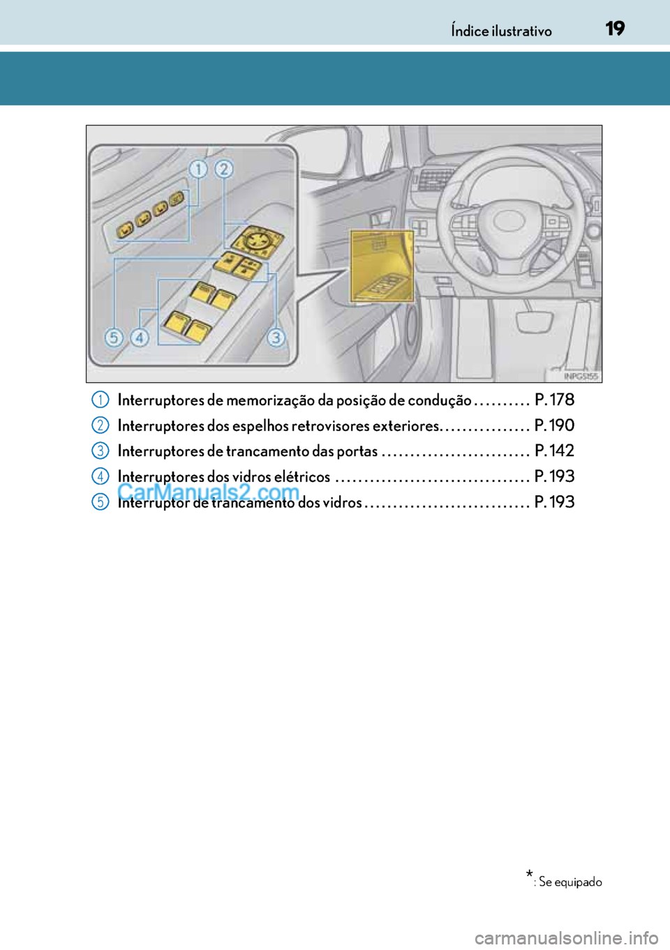 Lexus GS300h 2017  Manual do proprietário (in Portuguese) 19
1919 19Índice ilustrativo
Interruptores de memorização da posição de condução . . . . . . . . . .  P. 178
Interruptores dos espelhos retrovisores exteriores. . . . . . . . . . . . . . . .  P