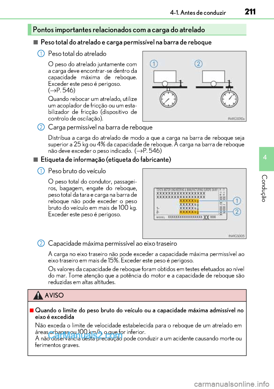 Lexus GS300h 2017 Manual do proprietário (in Portuguese) 211
211211 2114-1. Antes de conduzir
4
Condução
■Peso total do atrelado e carga permissível na barra de reboque
Peso total do atrelado
O peso do atrelado juntamente com
a carga deve encontrar-se Lexus GS300h 2017 Manual do proprietário (in Portuguese) 211
211211 2114-1. Antes de conduzir
4
Condução
■Peso total do atrelado e carga permissível na barra de reboque
Peso total do atrelado
O peso do atrelado juntamente com
a carga deve encontrar-se