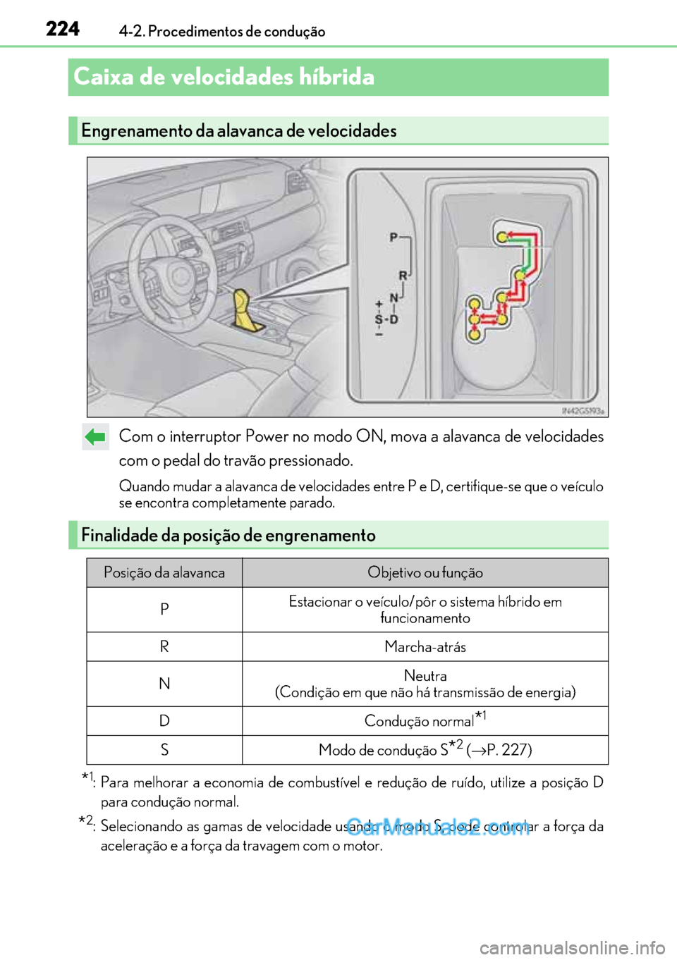Lexus GS300h 2017 Manual do proprietário (in Portuguese) 224
224224 2244-2. Procedimentos de condução
Caixa de velocidades híbrida
Com o interruptor Power no modo ON, mova a alavanca de velocidades
com o pedal do travão pressionado.
Quando mudar a alav Lexus GS300h 2017 Manual do proprietário (in Portuguese) 224
224224 2244-2. Procedimentos de condução
Caixa de velocidades híbrida
Com o interruptor Power no modo ON, mova a alavanca de velocidades
com o pedal do travão pressionado.
Quando mudar a alav