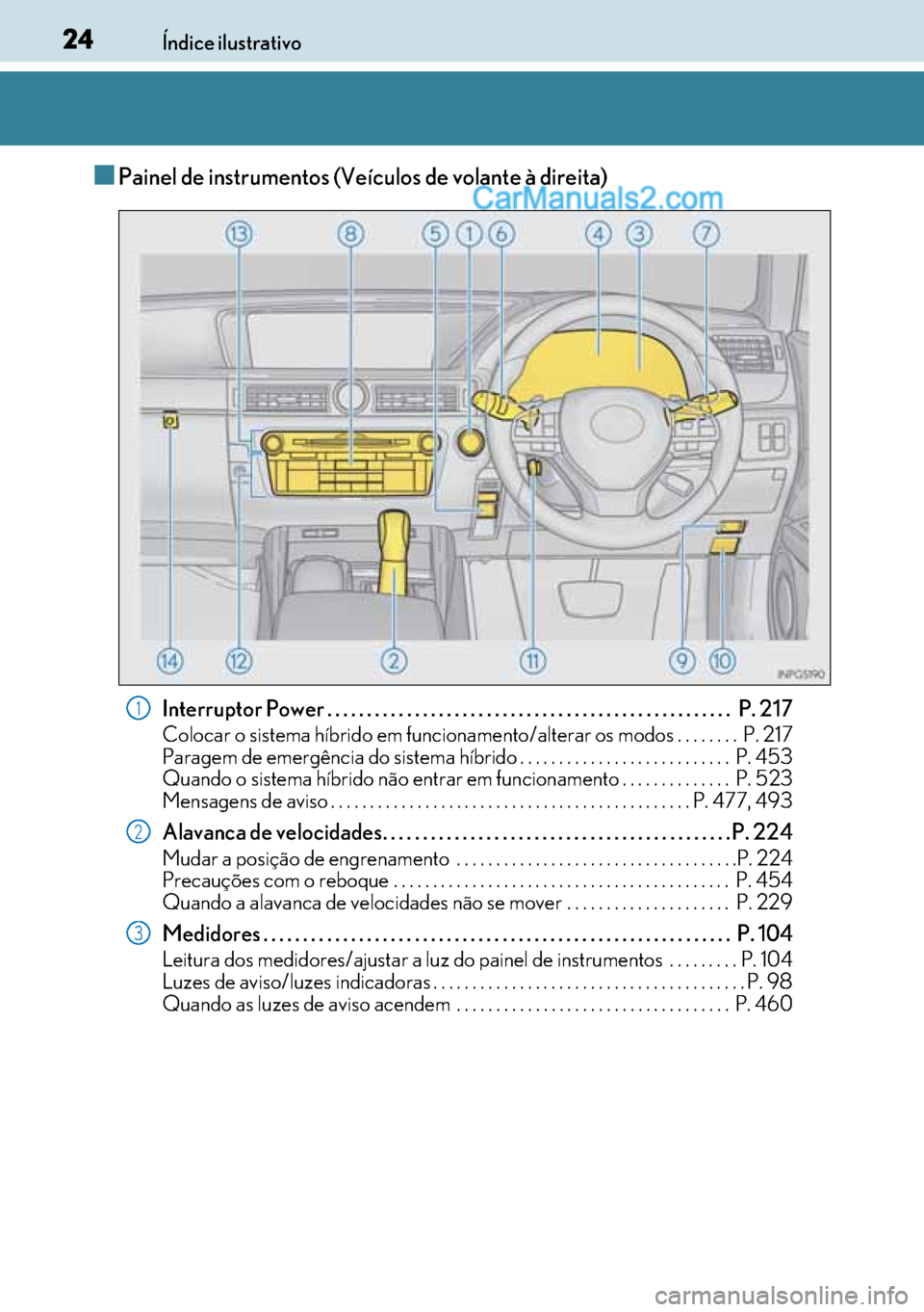 Lexus GS300h 2017 Manual do proprietário (in Portuguese) 24
2424 24Índice ilustrativo
■Painel de instrumentos (Veículos de volante à direita)
Interruptor Power . . . . . . . . . . . . . . . . . . . . . . . . . . . . . . . . . . . . . . . . . . . . . . Lexus GS300h 2017 Manual do proprietário (in Portuguese) 24
2424 24Índice ilustrativo
■Painel de instrumentos (Veículos de volante à direita)
Interruptor Power . . . . . . . . . . . . . . . . . . . . . . . . . . . . . . . . . . . . . . . . . . . . . .