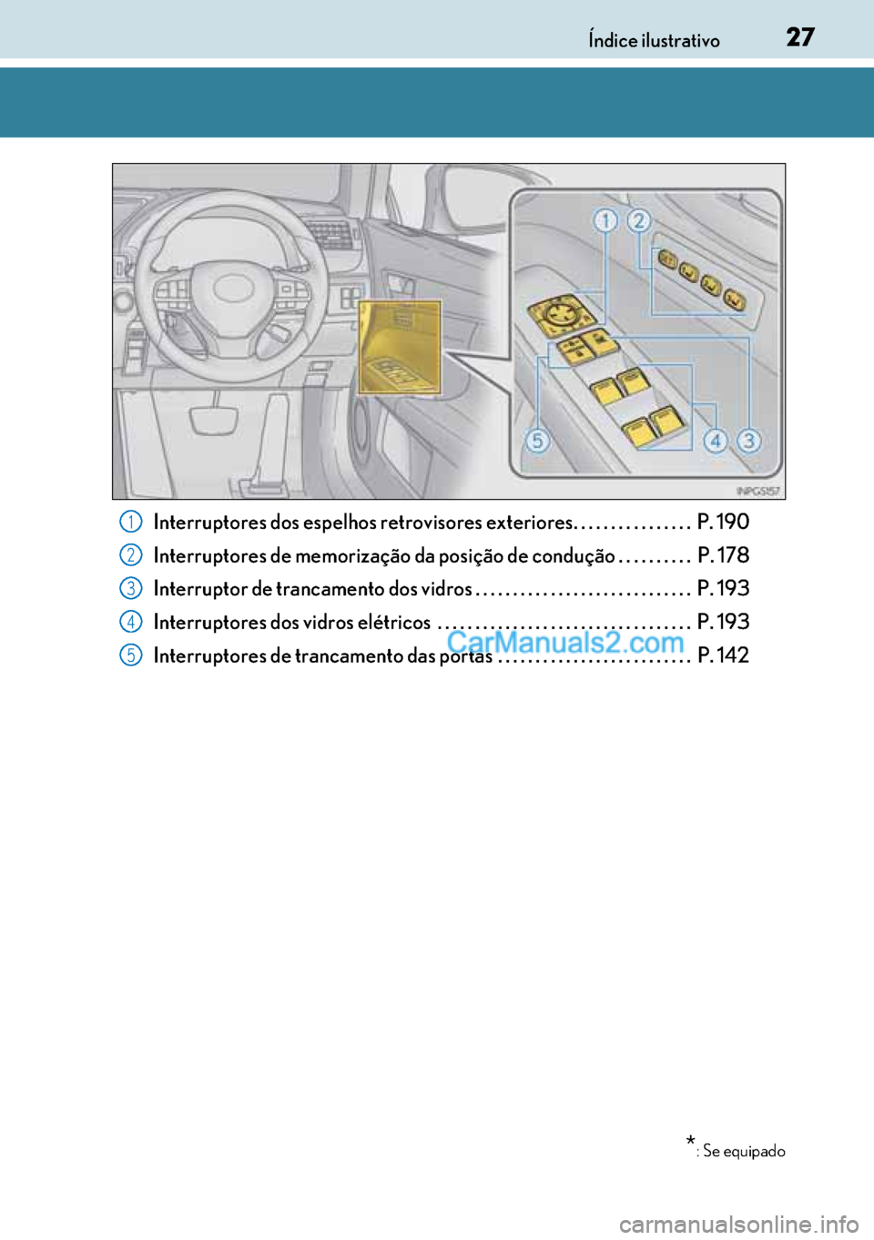 Lexus GS300h 2017 Manual do proprietário (in Portuguese) 27
2727 27Índice ilustrativo
Interruptores dos espelhos retrovisores exteriores. . . . . . . . . . . . . . . . P. 190
Interruptores de memorização da posição de condução . . . . . . . . . . P Lexus GS300h 2017 Manual do proprietário (in Portuguese) 27
2727 27Índice ilustrativo
Interruptores dos espelhos retrovisores exteriores. . . . . . . . . . . . . . . . P. 190
Interruptores de memorização da posição de condução . . . . . . . . . . P
