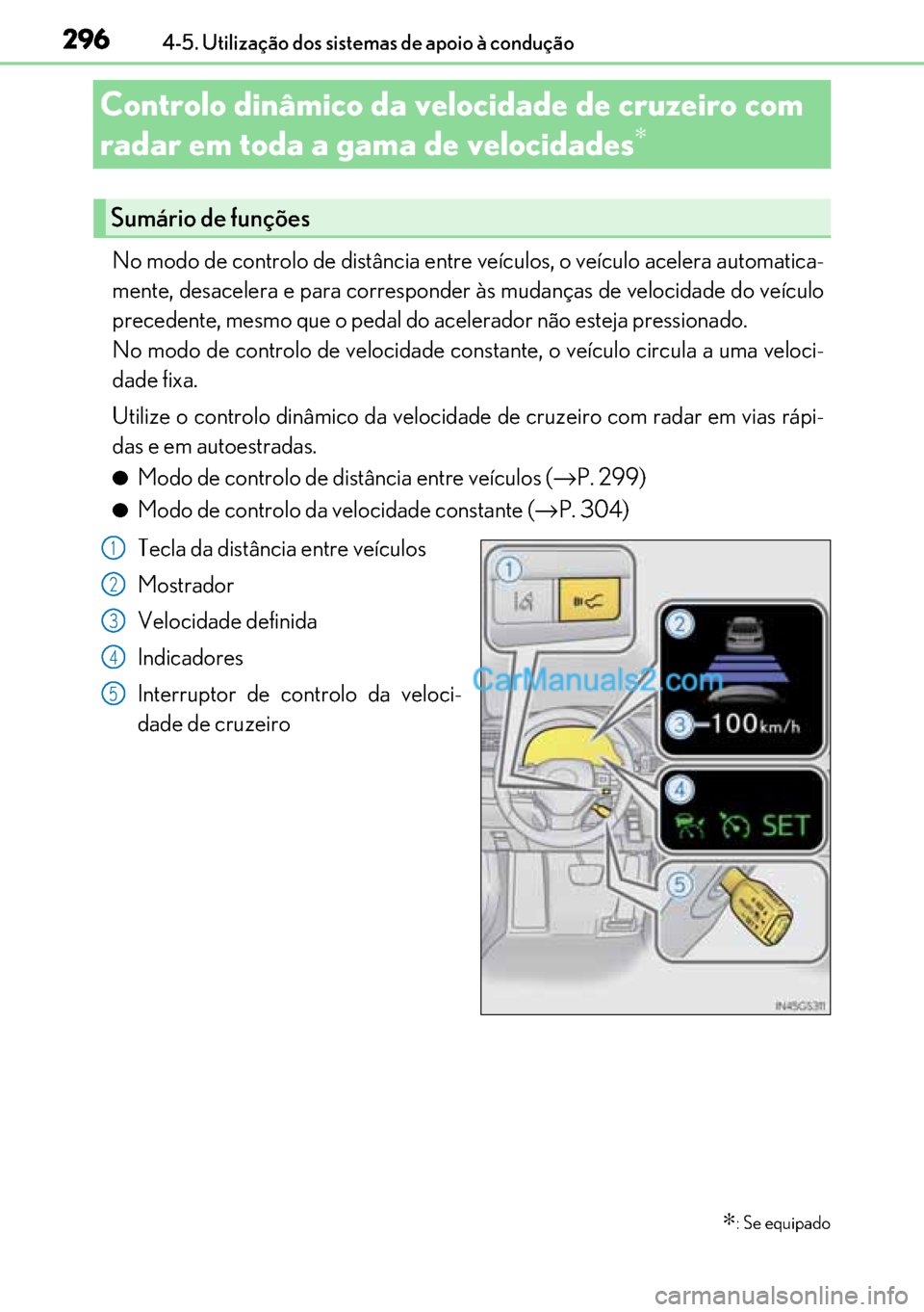 Lexus GS300h 2017 Manual do proprietário (in Portuguese) 296
296296 2964-5. Utilização dos sistemas de apoio à condução
Controlo dinâmico da velocidade de cruzeiro com
radar em toda a gama de velocidades
∗
No modo de controlo de distância entre v Lexus GS300h 2017 Manual do proprietário (in Portuguese) 296
296296 2964-5. Utilização dos sistemas de apoio à condução
Controlo dinâmico da velocidade de cruzeiro com
radar em toda a gama de velocidades
∗
No modo de controlo de distância entre v