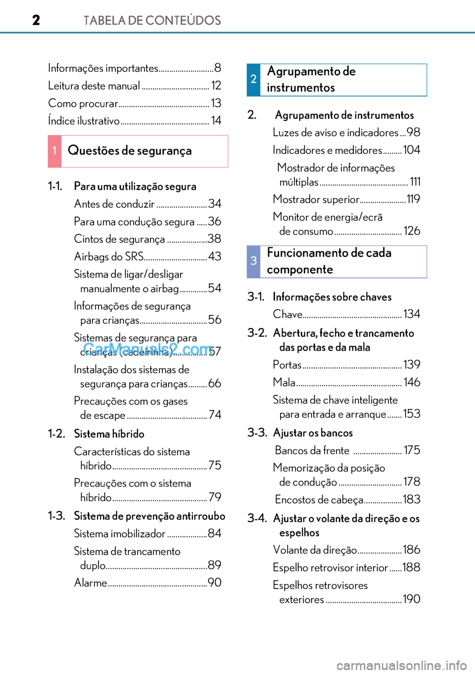 Lexus GS300h 2017  Manual do proprietário (in Portuguese) TABELA DE CONTEÚDOS2
22 2
Informações importantes..........................8
Leitura deste manual ................................ 12
Como procurar........................................... 13
Ín