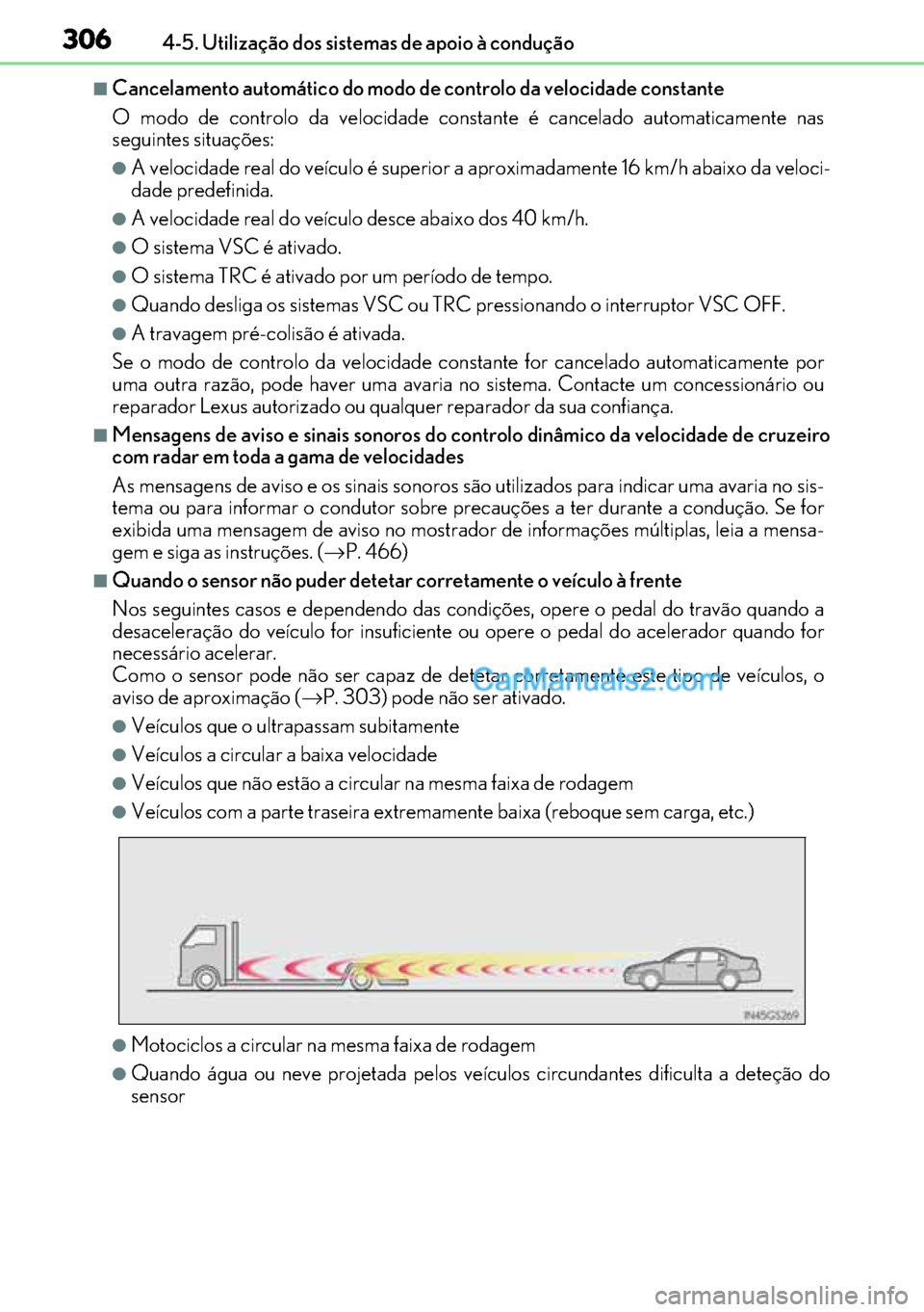 Lexus GS300h 2017 Manual do proprietário (in Portuguese) 306
306306 3064-5. Utilização dos sistemas de apoio à condução
■Cancelamento automático do modo de controlo da velocidade constante
O modo de controlo da velocidade constante é cancelado aut Lexus GS300h 2017 Manual do proprietário (in Portuguese) 306
306306 3064-5. Utilização dos sistemas de apoio à condução
■Cancelamento automático do modo de controlo da velocidade constante
O modo de controlo da velocidade constante é cancelado aut
