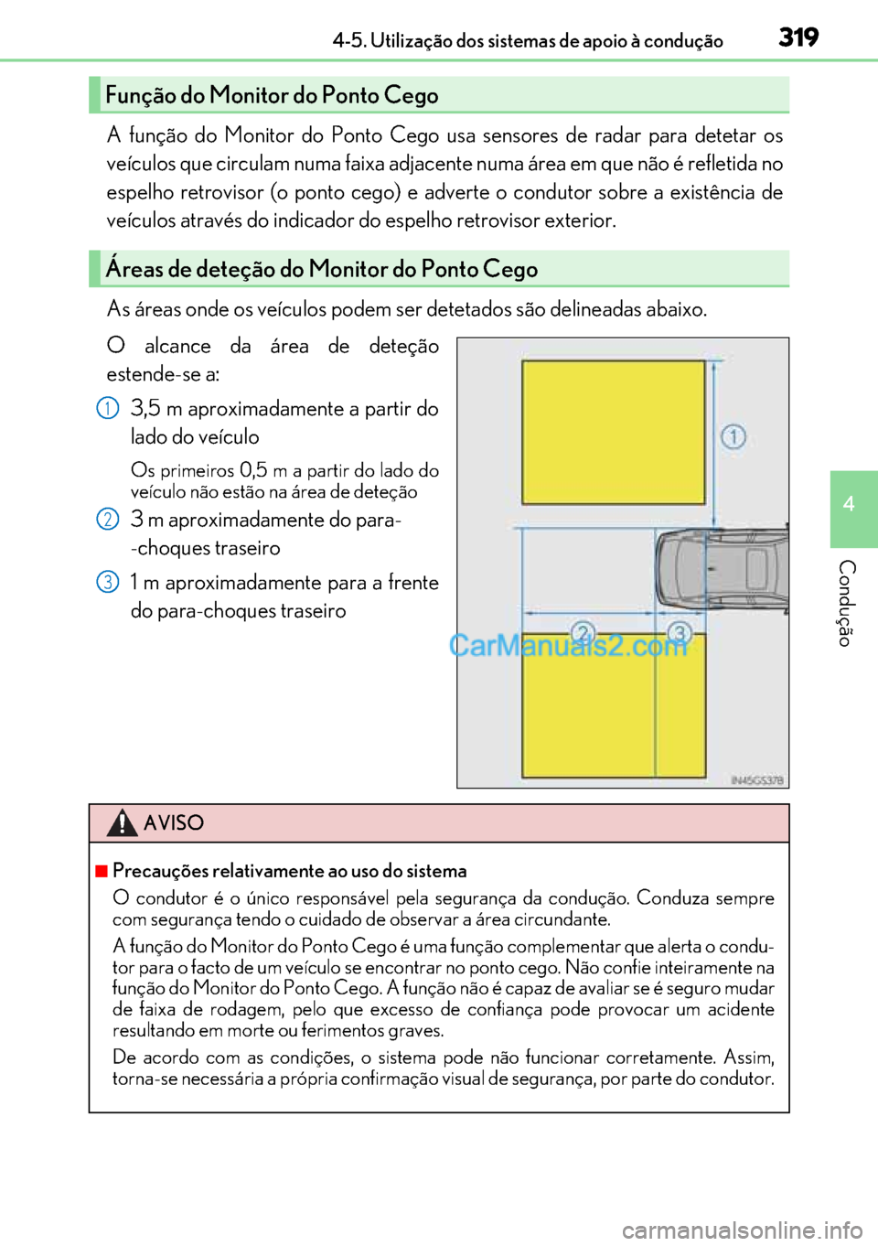 Lexus GS300h 2017 Manual do proprietário (in Portuguese) 319
319319 3194-5. Utilização dos sistemas de apoio à condução
4
Condução
A função do Monitor do Ponto Cego usa sensores de radar para detetar os
veículos que circulam numa faixa adjacente n Lexus GS300h 2017 Manual do proprietário (in Portuguese) 319
319319 3194-5. Utilização dos sistemas de apoio à condução
4
Condução
A função do Monitor do Ponto Cego usa sensores de radar para detetar os
veículos que circulam numa faixa adjacente n