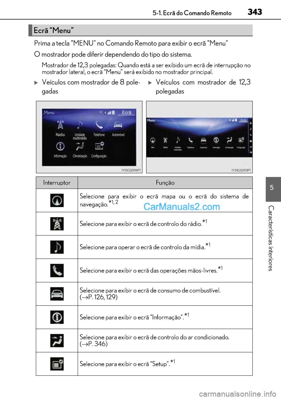 Lexus GS300h 2017 Manual do proprietário (in Portuguese) 343
343343 3435-1. Ecrã do Comando Remoto
5
Características interiores
Prima a tecla “MENU” no Comando Remoto para exibir o ecrã “Menu”
O mostrador pode diferir dependendo do tipo do sistem Lexus GS300h 2017 Manual do proprietário (in Portuguese) 343
343343 3435-1. Ecrã do Comando Remoto
5
Características interiores
Prima a tecla “MENU” no Comando Remoto para exibir o ecrã “Menu”
O mostrador pode diferir dependendo do tipo do sistem