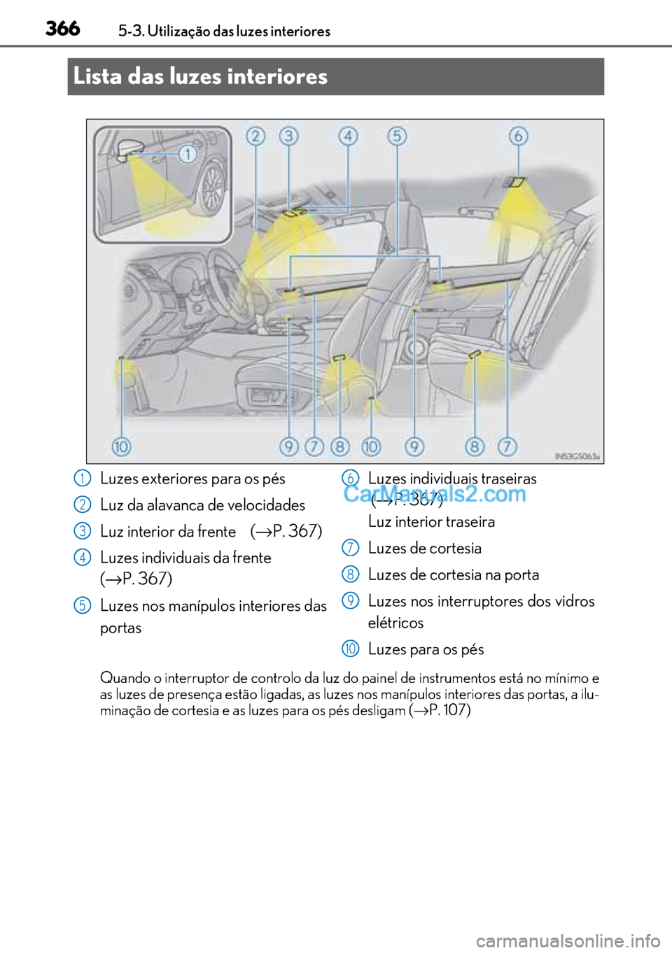 Lexus GS300h 2017 Manual do proprietário (in Portuguese) 366
366366 3665-3. Utilização das luzes interiores
Lista das luzes interiores
Quando o interruptor de controlo da luz do painel de instrumentos está no mínimo e
as luzes de presença estão ligada Lexus GS300h 2017 Manual do proprietário (in Portuguese) 366
366366 3665-3. Utilização das luzes interiores
Lista das luzes interiores
Quando o interruptor de controlo da luz do painel de instrumentos está no mínimo e
as luzes de presença estão ligada