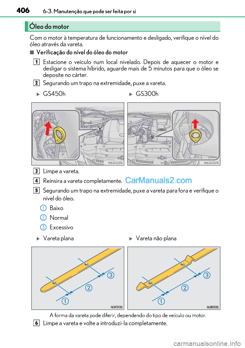 Lexus GS300h 2017  Manual do proprietário (in Portuguese) 406
406406 4066-3. Manutenção que pode ser feita por si
Com o motor à temperatura de funcionamento e desligado, verifique o nível do
óleo através da vareta.
■Verificação do nível do óleo d