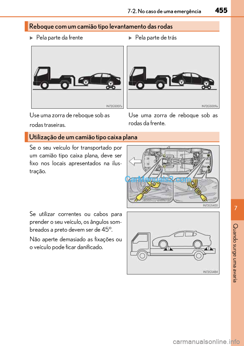 Lexus GS300h 2017 Manual do proprietário (in Portuguese) 455
455455 4557-2. No caso de uma emergência
7
Quando surge uma avaria
Se o seu veículo for transportado por
um camião tipo caixa plana, deve ser
fixo nos locais apresentados na ilus-
tração.
Se Lexus GS300h 2017 Manual do proprietário (in Portuguese) 455
455455 4557-2. No caso de uma emergência
7
Quando surge uma avaria
Se o seu veículo for transportado por
um camião tipo caixa plana, deve ser
fixo nos locais apresentados na ilus-
tração.
Se