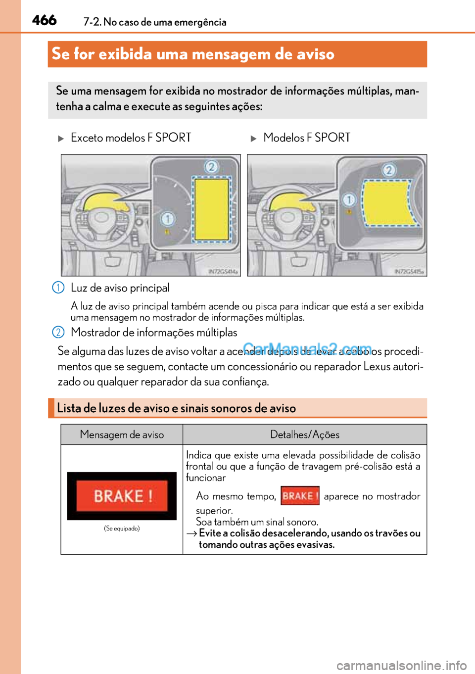 Lexus GS300h 2017 Manual do proprietário (in Portuguese) 466
466466 4667-2. No caso de uma emergência
Se for exibida uma mensagem de aviso
Luz de aviso principal
A luz de aviso principal também acende ou pisca para indicar que está a ser exibida
uma me Lexus GS300h 2017 Manual do proprietário (in Portuguese) 466
466466 4667-2. No caso de uma emergência
Se for exibida uma mensagem de aviso
Luz de aviso principal
A luz de aviso principal também acende ou pisca para indicar que está a ser exibida
uma me
