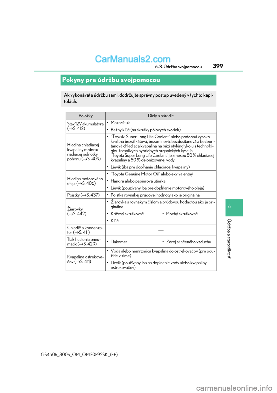 Lexus GS300h 2017  Užívateľská príručka (in Slovak) 399
6  6-3. Údržba svojpomocou
Údržba a starostlivosť
GS450h_300h_OM_OM30F92SK_(EE)
Pokyny pre údržbu svojpomocou
Ak vykonávate údržbu sami, dodržujte správny postup uvedený v týchto kap