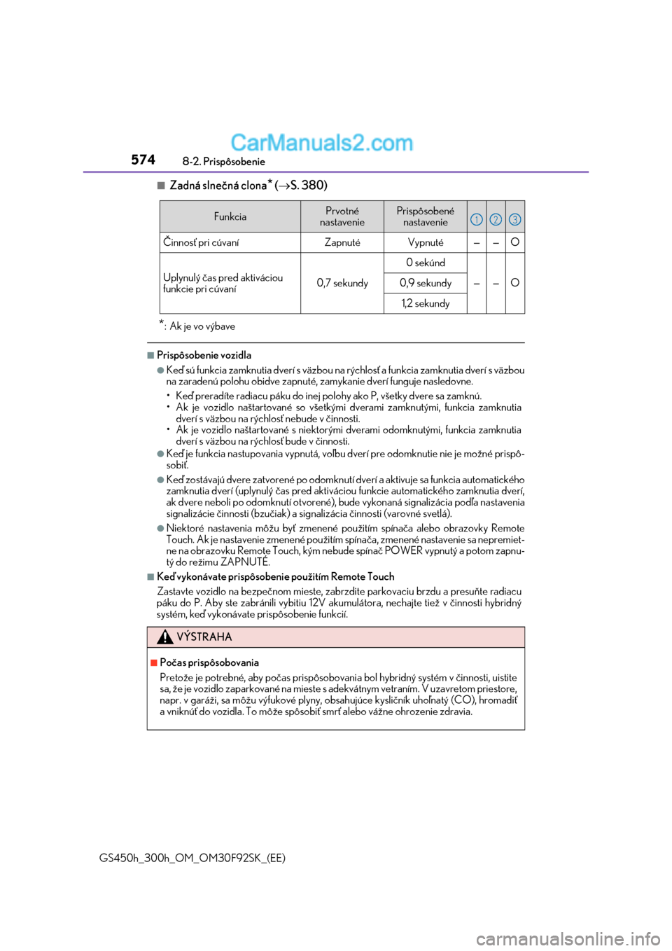 Lexus GS300h 2017  Užívateľská príručka (in Slovak) 5748-2. Prispôsobenie
GS450h_300h_OM_OM30F92SK_(EE)
■Zadná slnečná clona* (S. 380)
*: Ak je vo výbave
■Prispôsobenie vozidla
●Keď sú funkcia zamknutia dverí s väzbou na rýchlosť a Lexus GS300h 2017  Užívateľská príručka (in Slovak) 5748-2. Prispôsobenie
GS450h_300h_OM_OM30F92SK_(EE)
■Zadná slnečná clona* (S. 380)
*: Ak je vo výbave
■Prispôsobenie vozidla
●Keď sú funkcia zamknutia dverí s väzbou na rýchlosť a