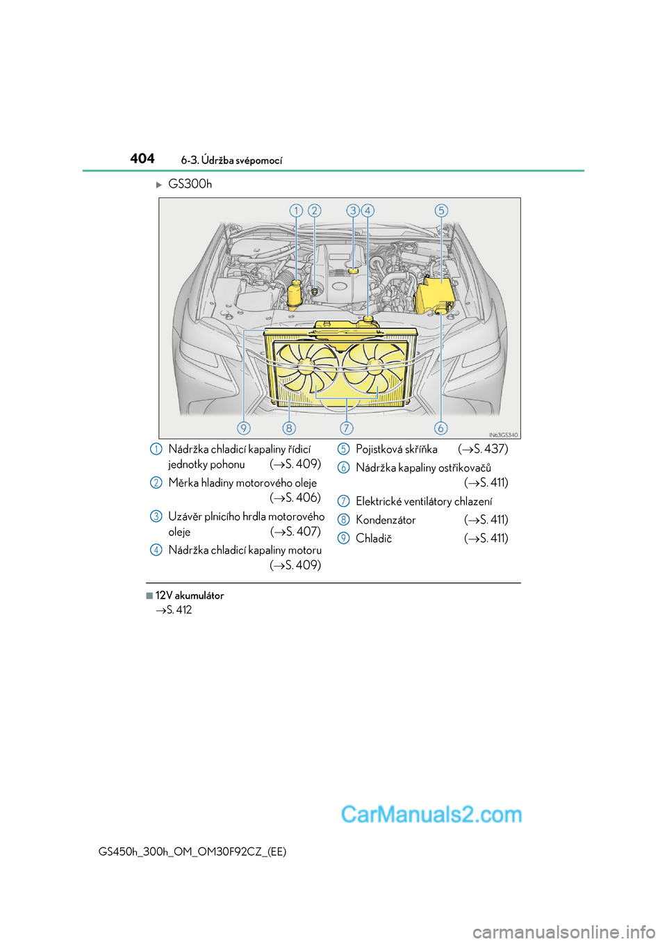 Lexus GS300h 2017 Návod k obsluze (in Czech) 4046-3. Údržba svépomocí
GS450h_300h_OM_OM30F92CZ_(EE)
GS300h
■12V akumulátor
S. 412
Nádržka chladicí kapaliny řídicí
jednotky pohonu ( S. 409)
Měrka hladiny motorového ol Lexus GS300h 2017 Návod k obsluze (in Czech) 4046-3. Údržba svépomocí
GS450h_300h_OM_OM30F92CZ_(EE)
GS300h
■12V akumulátor
S. 412
Nádržka chladicí kapaliny řídicí
jednotky pohonu ( S. 409)
Měrka hladiny motorového ol