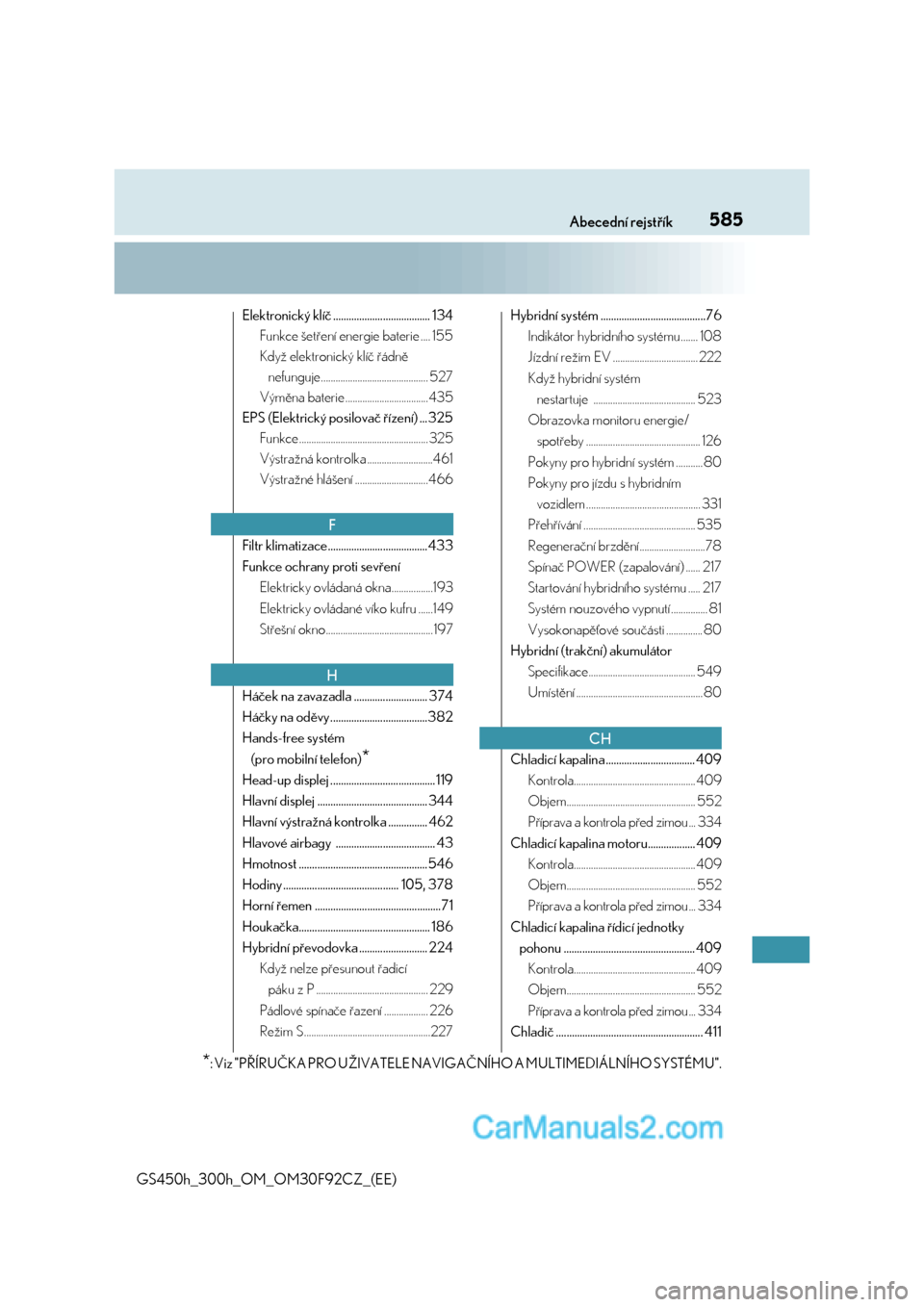 Lexus GS300h 2017  Návod k obsluze (in Czech) 585Abecední rejstřík
GS450h_300h_OM_OM30F92CZ_(EE)
Elektronický klíč ..................................... 134
Funkce šetření energie baterie .... 155
Když elektronický klíč řádně 
nef