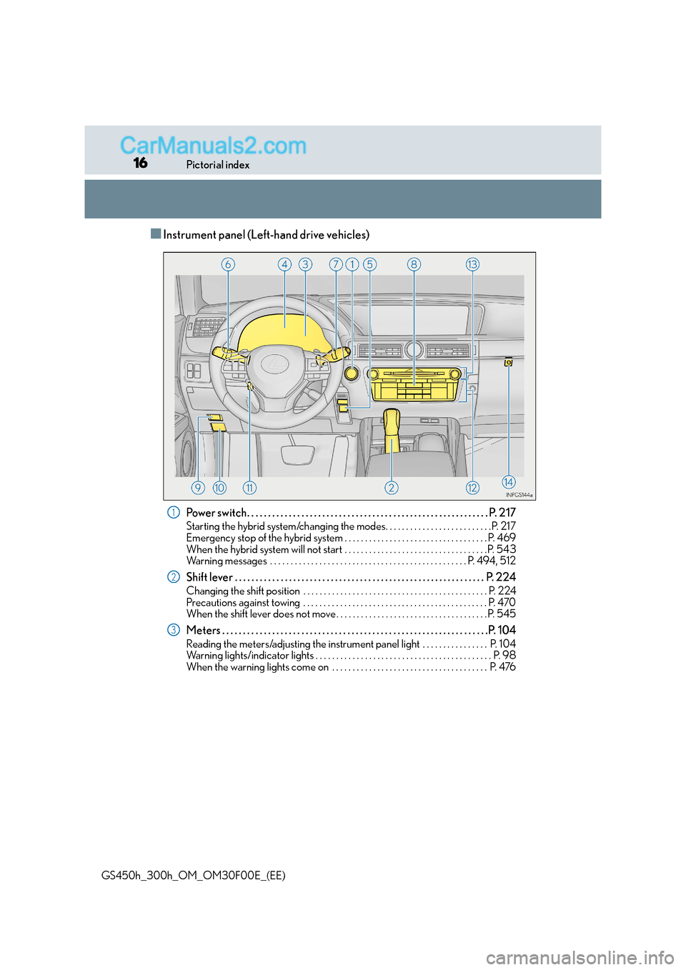 Lexus GS300h 2016  Owners Manual 16Pictorial index
GS450h_300h_OM_OM30F00E_(EE)
■Instrument panel (Left-hand drive vehicles)
Power switch. . . . . . . . . . . . . . . . . . . . . . . . . . . . . . . . . . . . . . . . . . . . . . . 