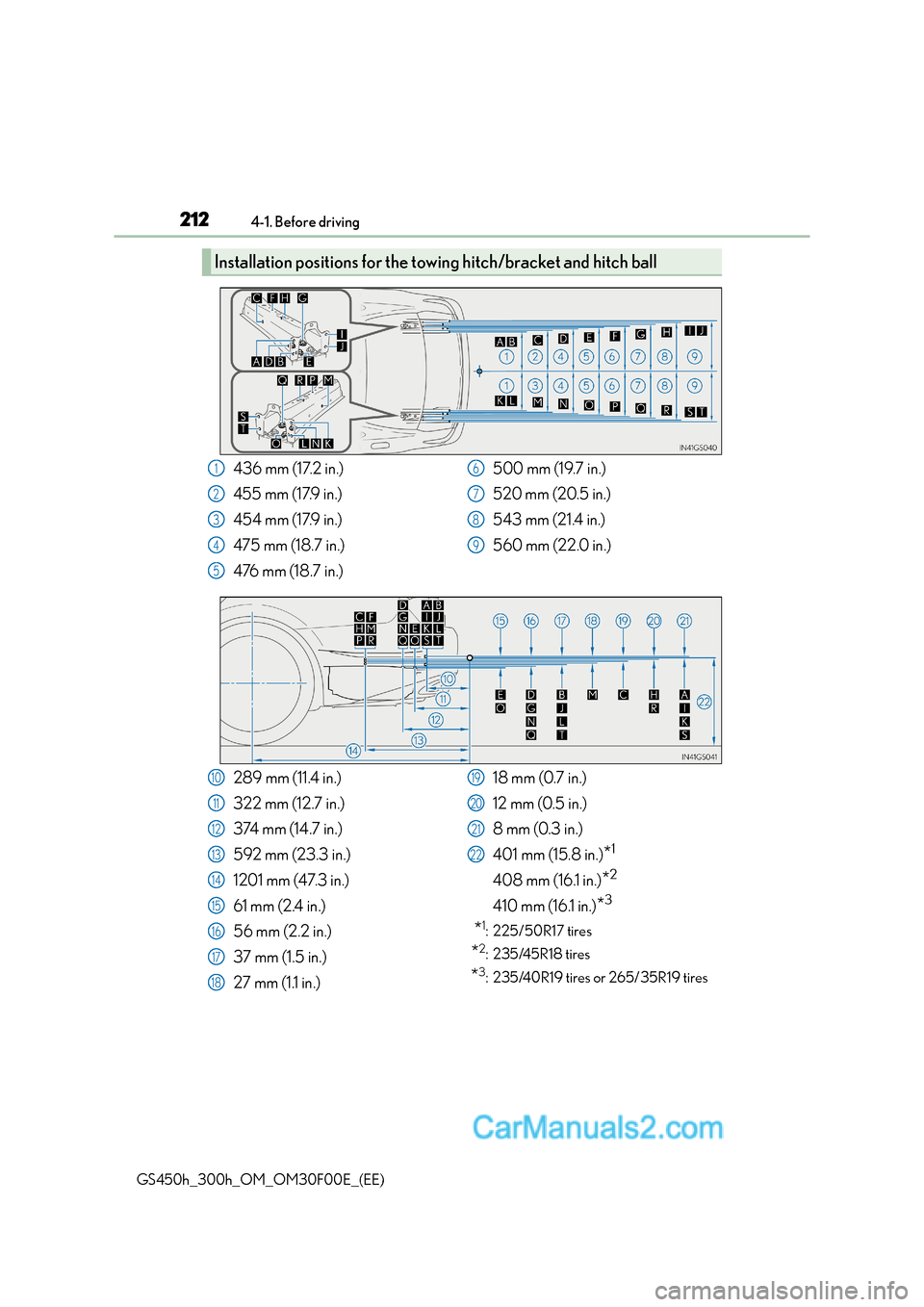 Lexus GS300h 2016  Owners Manual 2124-1. Before driving
GS450h_300h_OM_OM30F00E_(EE)
Installation positions for the towing hitch/bracket and hitch ball
436 mm (17.2 in.)
455 mm (17.9 in.)
454 mm (17.9 in.)
475 mm (18.7 in.)
476 mm (1