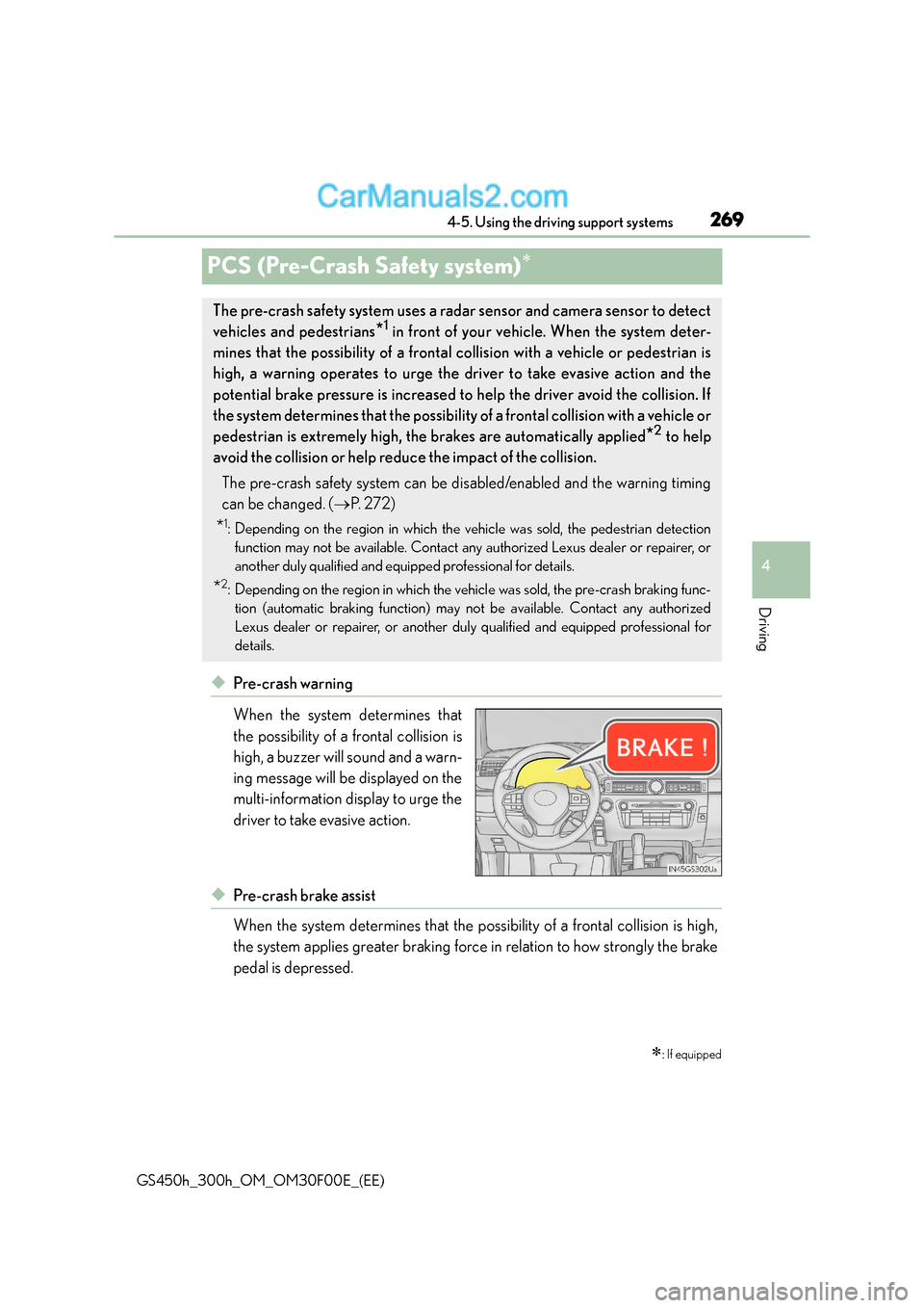 Lexus GS300h 2016  Owners Manual 269
4
4-5. Using the driving support systems
Driving
GS450h_300h_OM_OM30F00E_(EE)
PCS (Pre-Crash Safety system)∗
◆Pre-crash warning
When the system determines that
the possibility of a frontal col