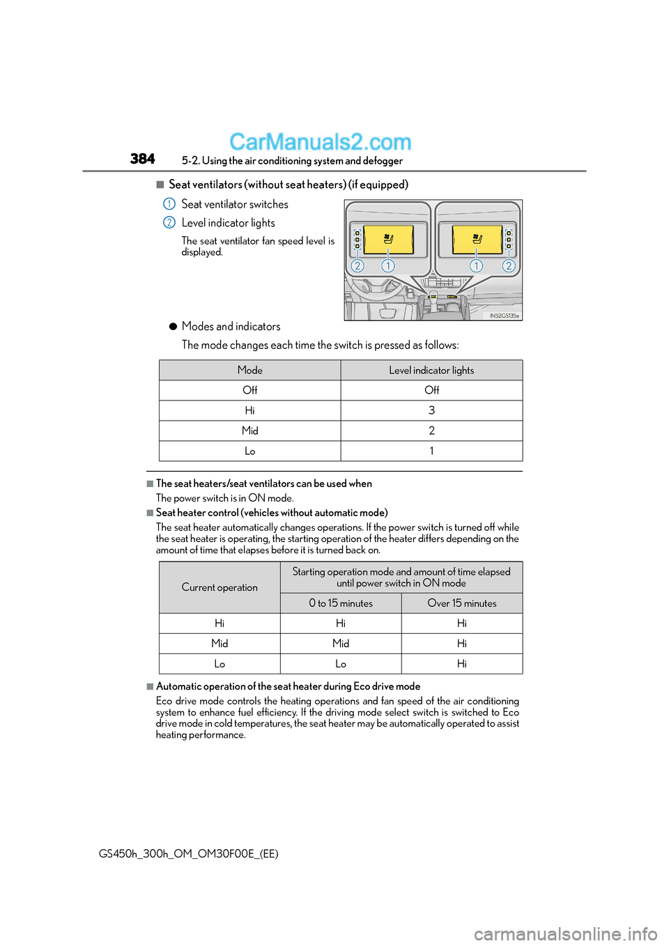 Lexus GS300h 2016 User Guide 3845-2. Using the air conditioning system and defogger
GS450h_300h_OM_OM30F00E_(EE)
■Seat ventilators (without seat heaters) (if equipped)
Seat ventilator switches
Level indicator lights
The seat ve