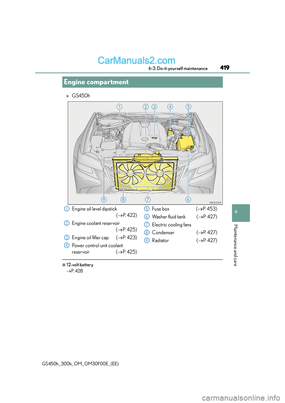 Lexus GS300h 2016  Owners Manual 419
6
 6-3. Do-it-yourself maintenance
Maintenance and care
GS450h_300h_OM_OM30F00E_(EE)
Engine compartment
�XGS450h
■12-volt battery
→
P.  4 2 8
Engine oil level dipstick
(→ P. 422)
Engine cool