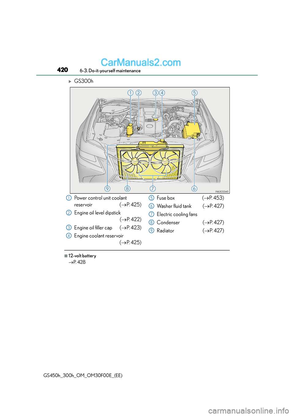 Lexus GS300h 2016  Owners Manual 4206-3. Do-it-yourself maintenance
GS450h_300h_OM_OM30F00E_(EE)
�XGS300h
■12-volt battery
→P.  4 2 8
Power control unit coolant 
reservoir ( →P.  4 2 5 )
Engine oil level dipstick (→ P. 422)
E