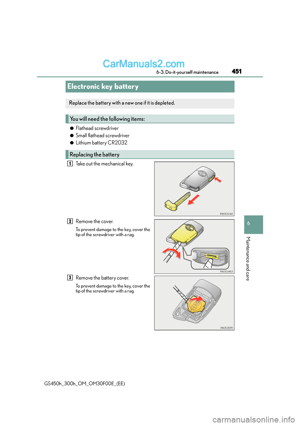 Lexus GS300h 2016  Owners Manual 451
6
 6-3. Do-it-yourself maintenance
Maintenance and care
GS450h_300h_OM_OM30F00E_(EE)
Electronic key battery
●Flathead screwdriver
●Small flathead screwdriver
●Lithium battery CR2032
Take out