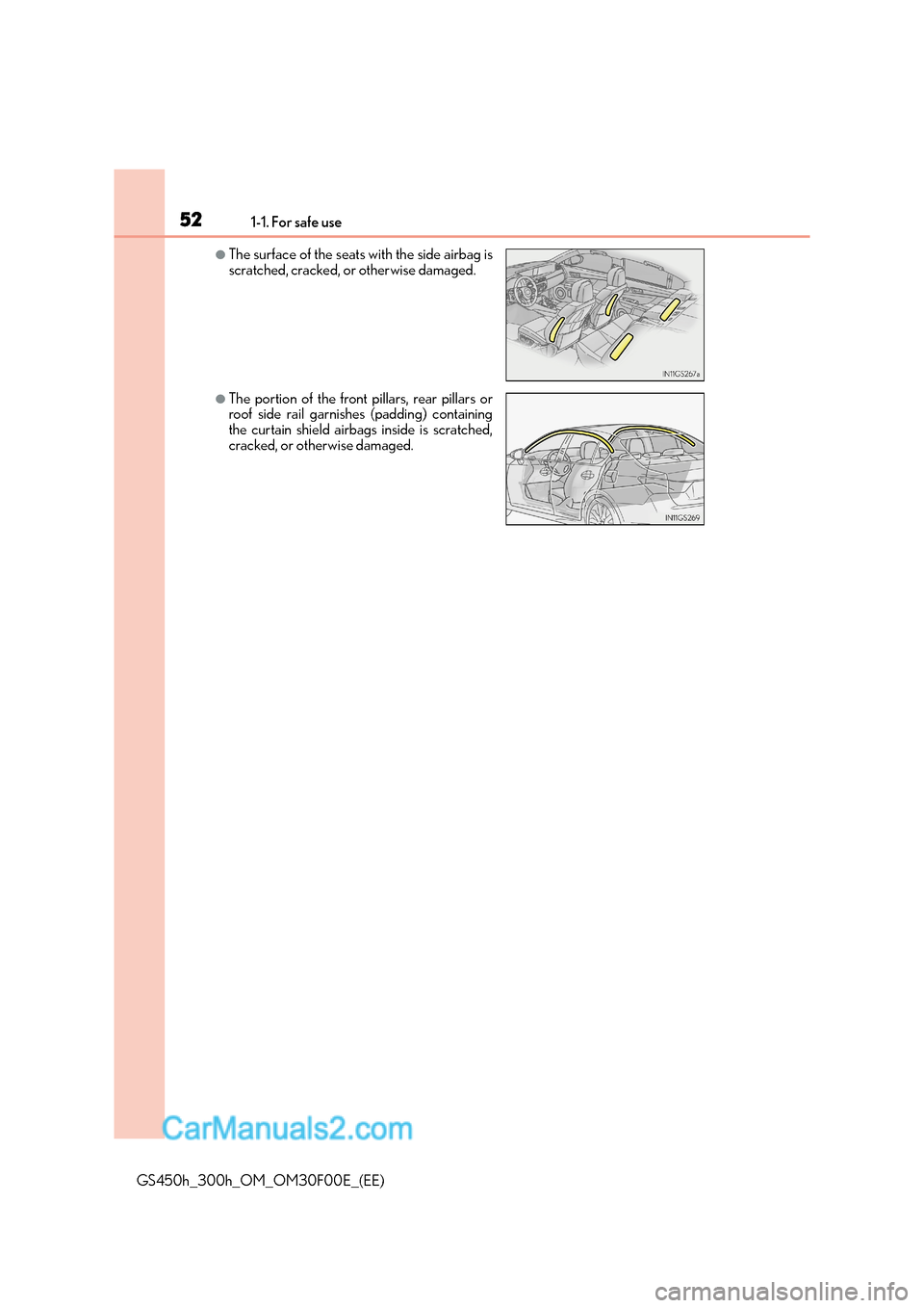 Lexus GS300h 2016  Owners Manual 521-1. For safe use
GS450h_300h_OM_OM30F00E_(EE)
●The surface of the seats with the side airbag is
scratched, cracked, or otherwise damaged.
●The portion of the front pillars, rear pillars or
roof