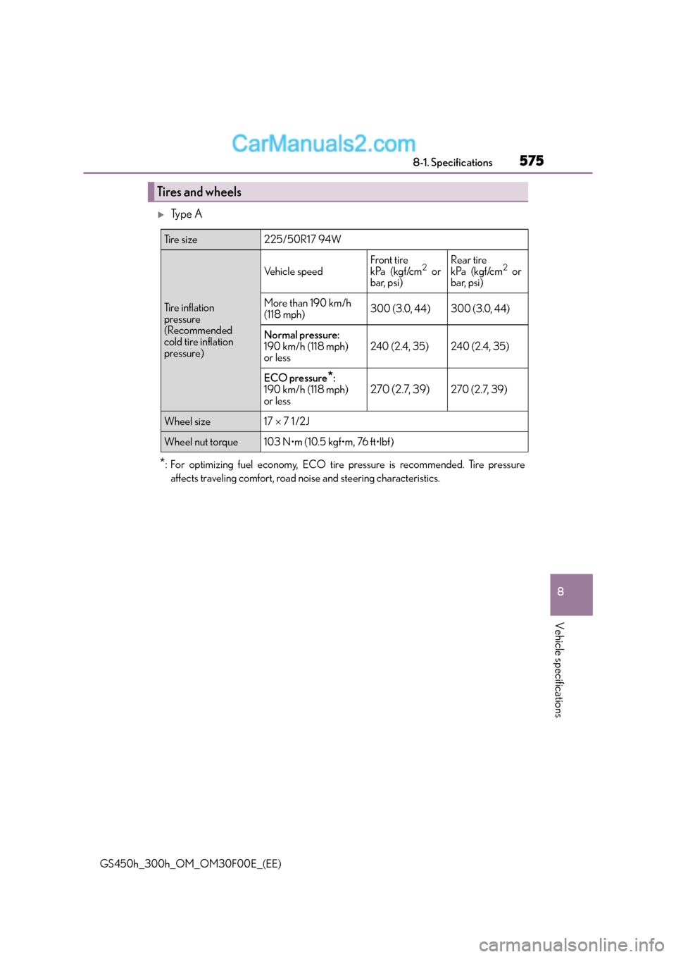 Lexus GS300h 2016  Owners Manual 575
8
8-1. Specifications
Vehicle specifications
GS450h_300h_OM_OM30F00E_(EE)
�XTy p e  A
*: For optimizing fuel economy, ECO tire pressure is recommended. Tire pressure
affects traveling comfort, roa